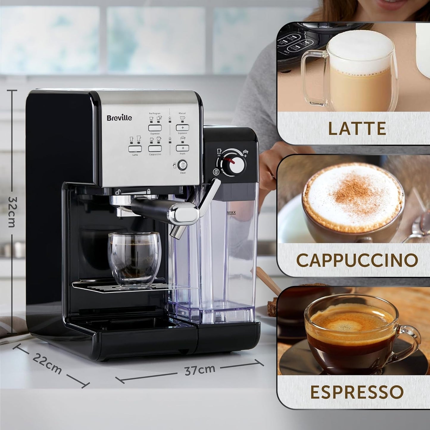 Espresso Breville Prima Latte II | Latte och cappuccinomaskin | Professionell pump med 15 bar och mjölkskummare | Silver [VCF108X]