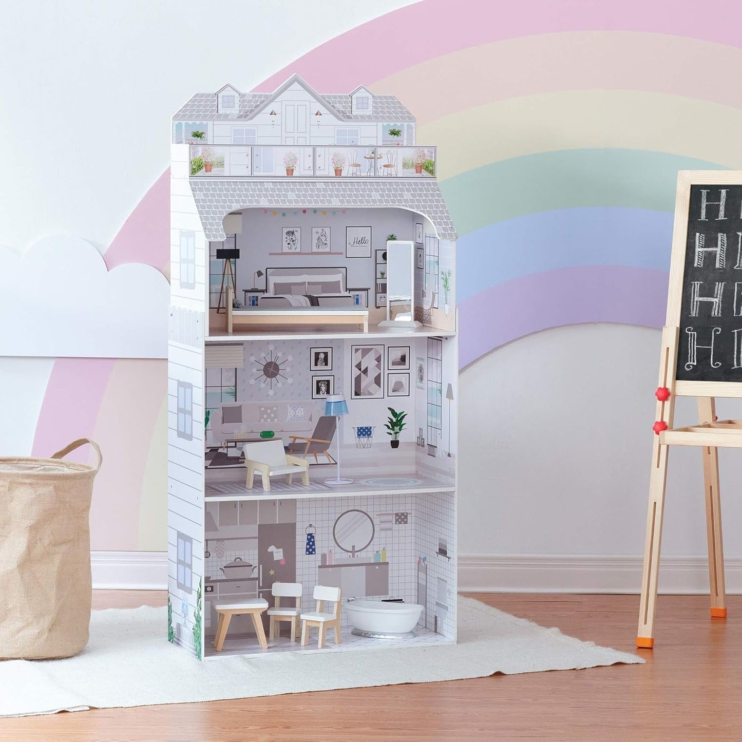 Teamson Kids Olivia's Little World Giant Dollhouse med möbler och tillbehör, dockhus i trä, 3-vånings lekset för 30 cm dockor, åldrar 3+