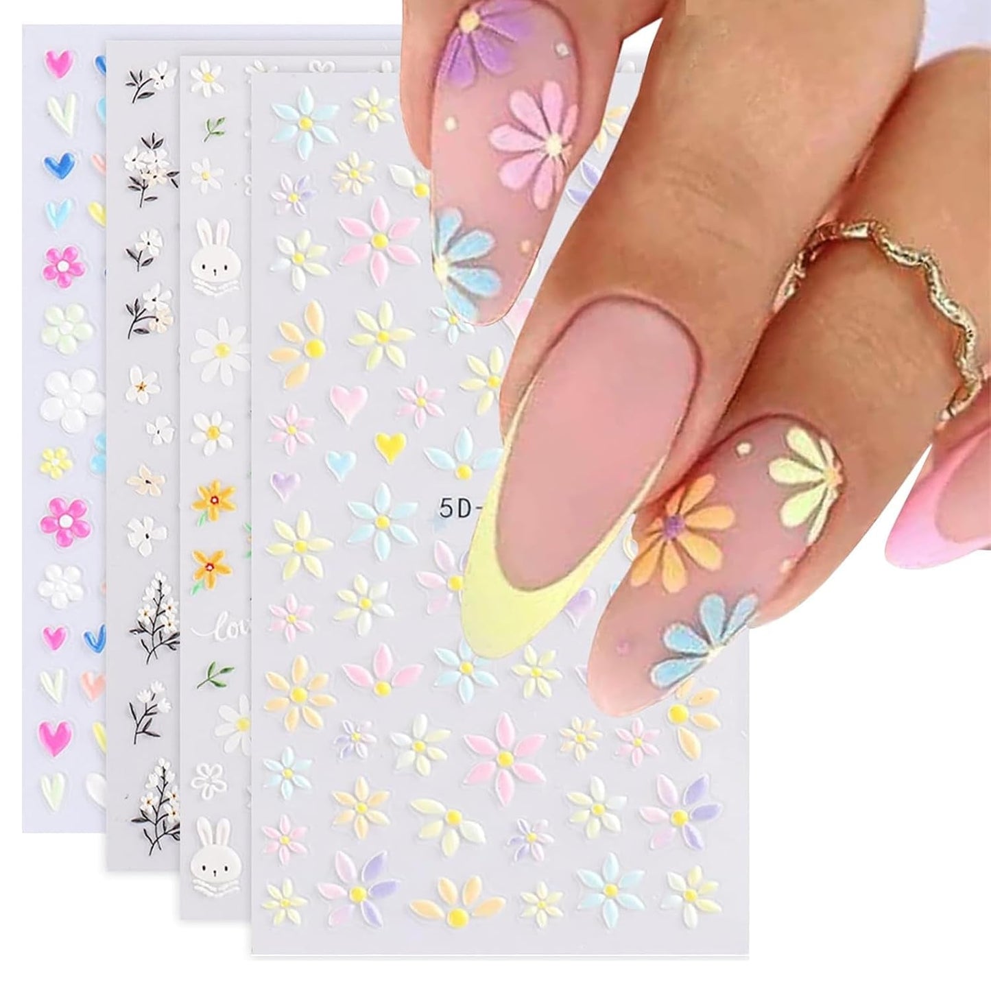 Nagelsticker Set Für Einzigartiges Nageldesign, 4 Blatt Frühlingsthemen Nail Art Zubehör, Perfekt Für 3D Gel Nägel Och UV Gel Strips