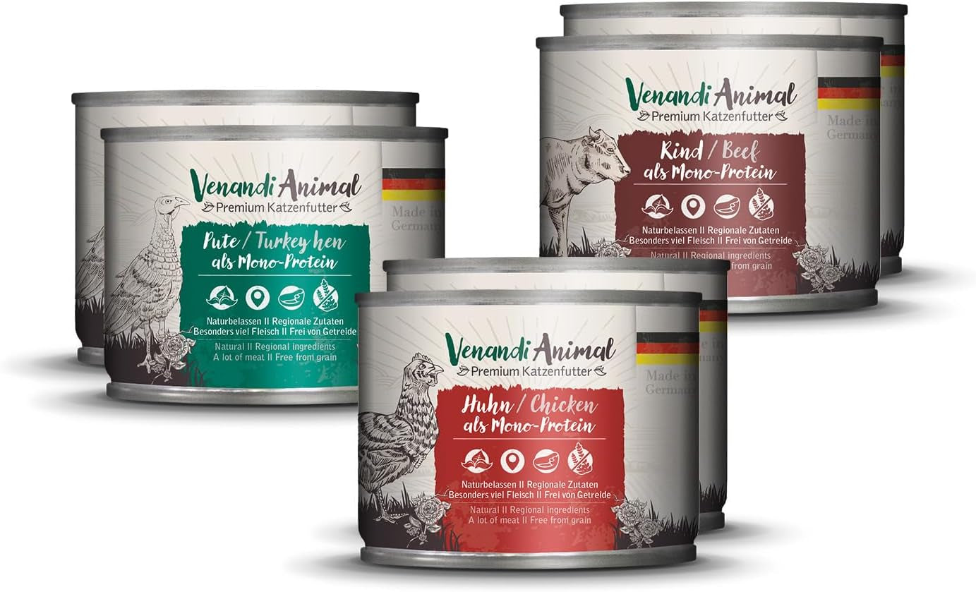 Venandi Animal - Premium Nassfutter für Katzen, Probierpakett I, Chicken, Pute, RInd, 6 x 200 g (6er Pack), getreidefrei och naturbelassen