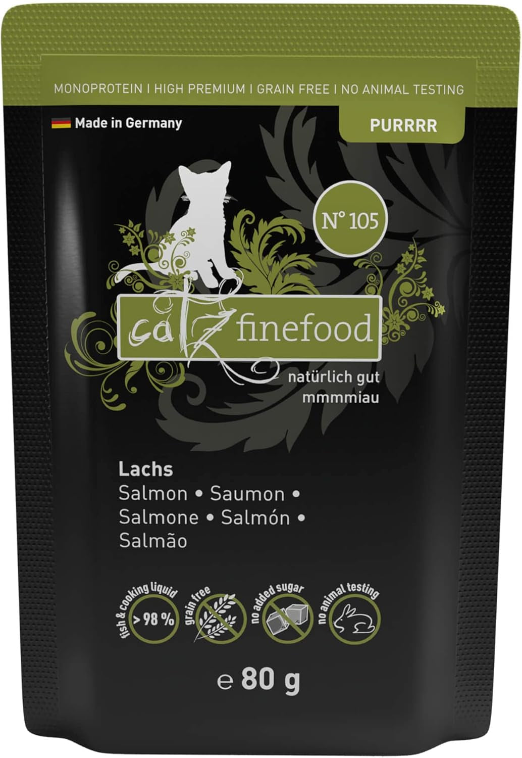 Våt kattmat Catz Finefood Purrrr med monoprotein och lax nr. 105, för katter med känslig matsmältning, 16 x 80 g