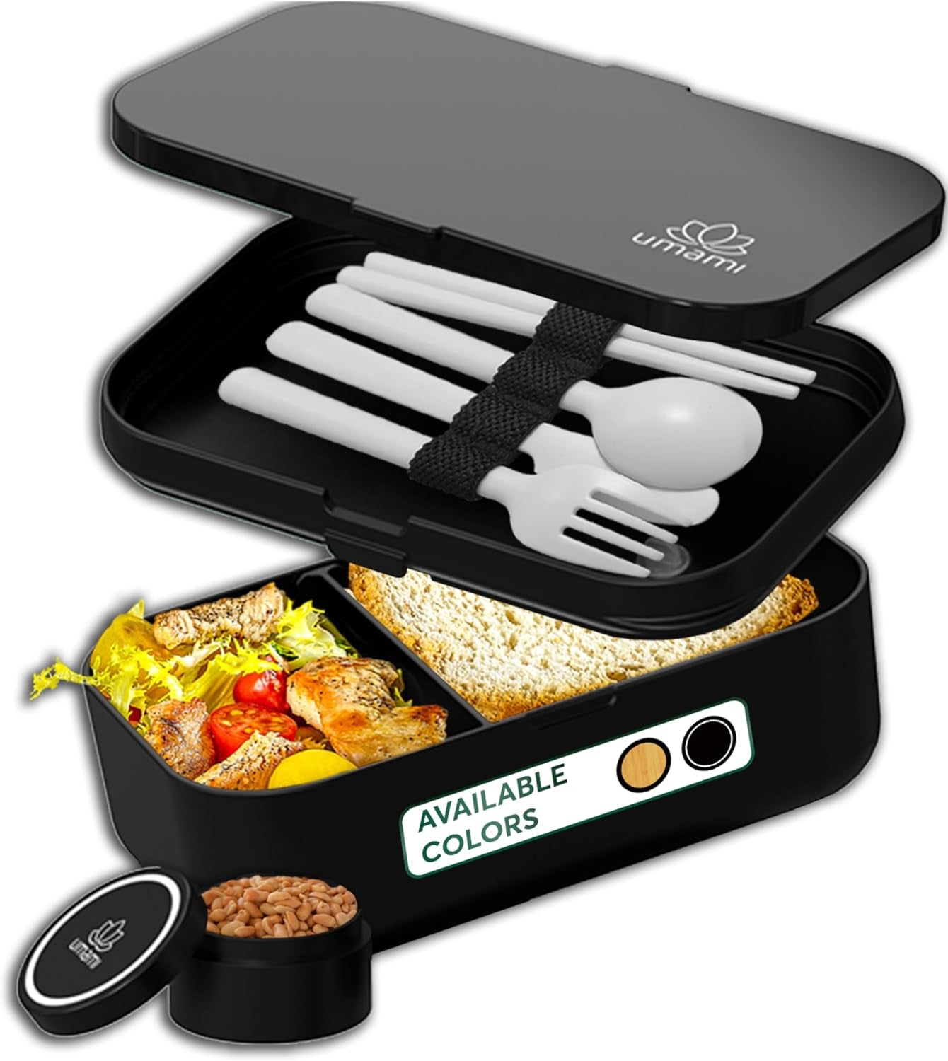 Umami Lunchbox för vuxna, Stapelbar Bento-låda med 4 bestick och fack, Vuxen Lunchbox, To-go-salladsbehållare, Picknick-/kontorslunchlåda, Kolgrå, 1500ml Naty Shop Matförvaringslådor Full Svart M - 900/1000 Ml