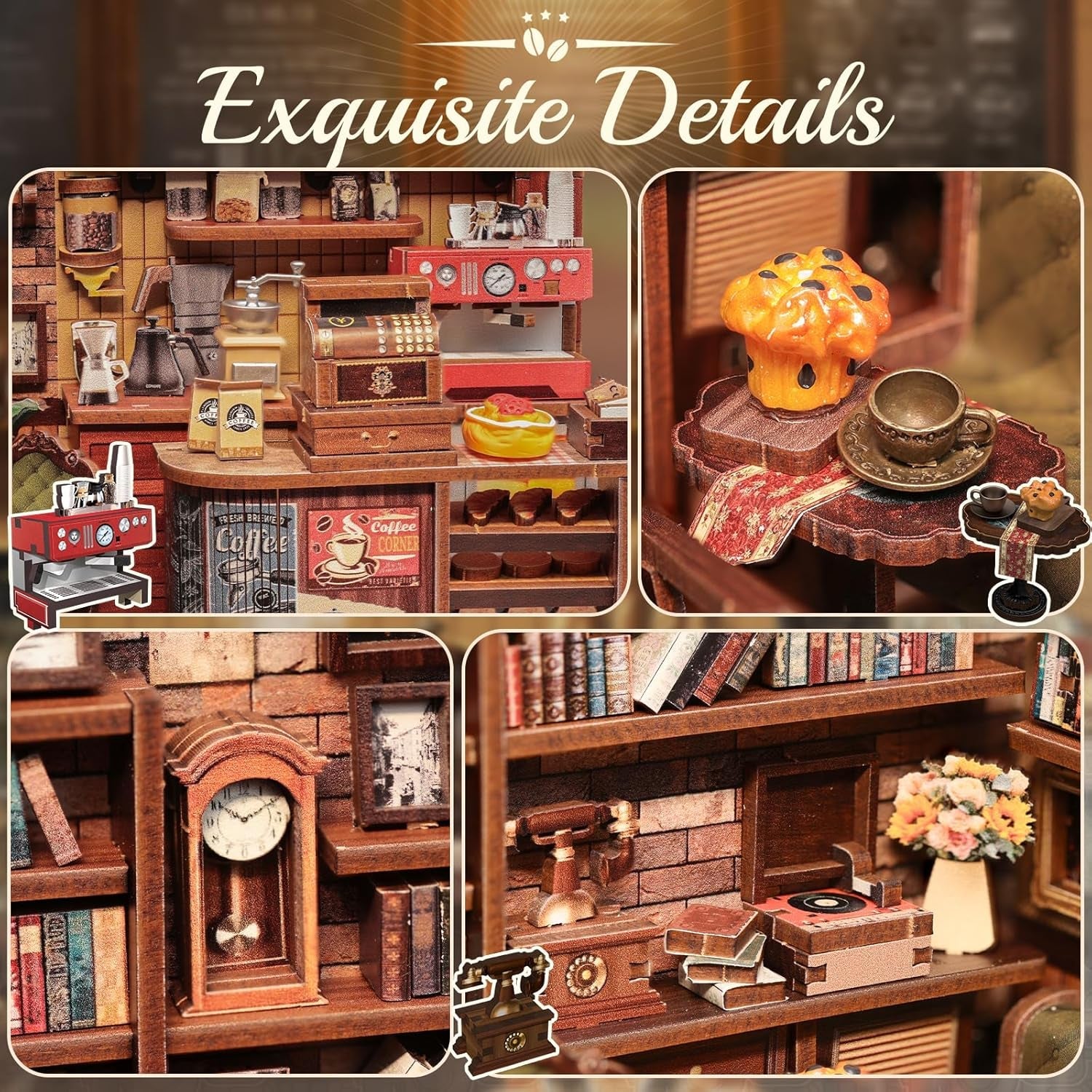 CUTEBEE Book Corner Kit - DIY dockhus, LED Light Up Miniatyr husbyggande kit för vuxna, 3D träpussel och bokställ - bokhylla dekoration och present (Corner Cafe)
