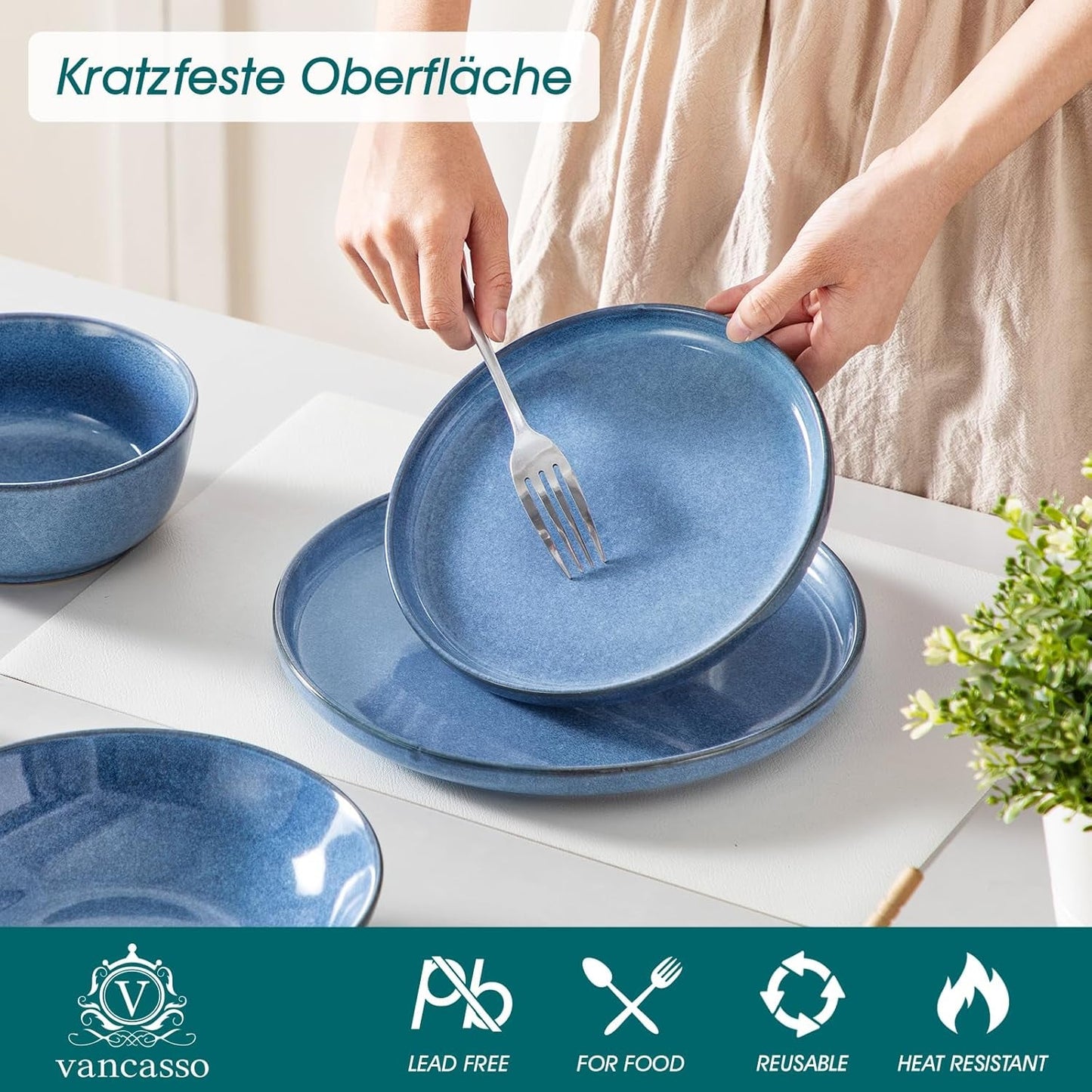 Steingut Geschirrset 6 Personen, vancasso ANYA Blau Teller Set Modern 24 teilig, Tafelservice mit Speiseteller, Suppenteller, Desserttellern, Schüsseln, Geschirr Set Spülmaschinen und Mikrowellenfest