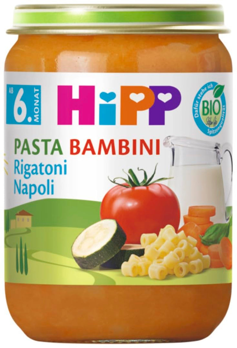 HiPP Pasta Bambini Rigatoni Napoli Organice (6 x 190g), måltid från 6 månader, utan tillsatt salt, med Omega-3, av bästa ekologiska kvalitet