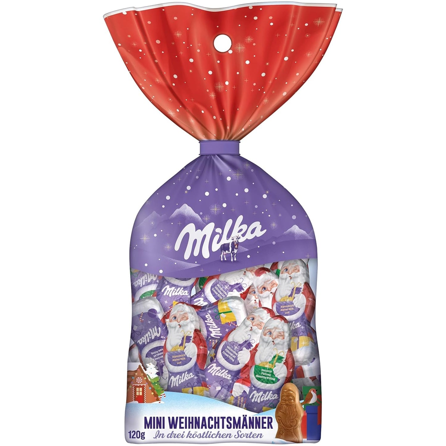 Milka Mini Santas – alpin mjölkmix, mjölkgrädde och hasselnötter i festlig individuell förpackning – 120g