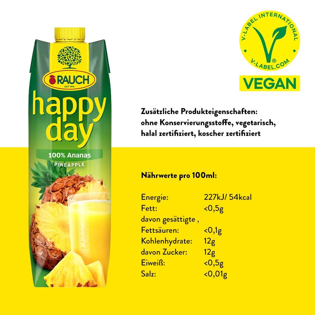 Rauch Happy Day Ananas | Explosion av tropiska smaker | Tillverkad av 100 % koncentrerad ananasjuice | 6 x 1 liter, Tetra Prisma Alkoholfria drycker Naty Shop