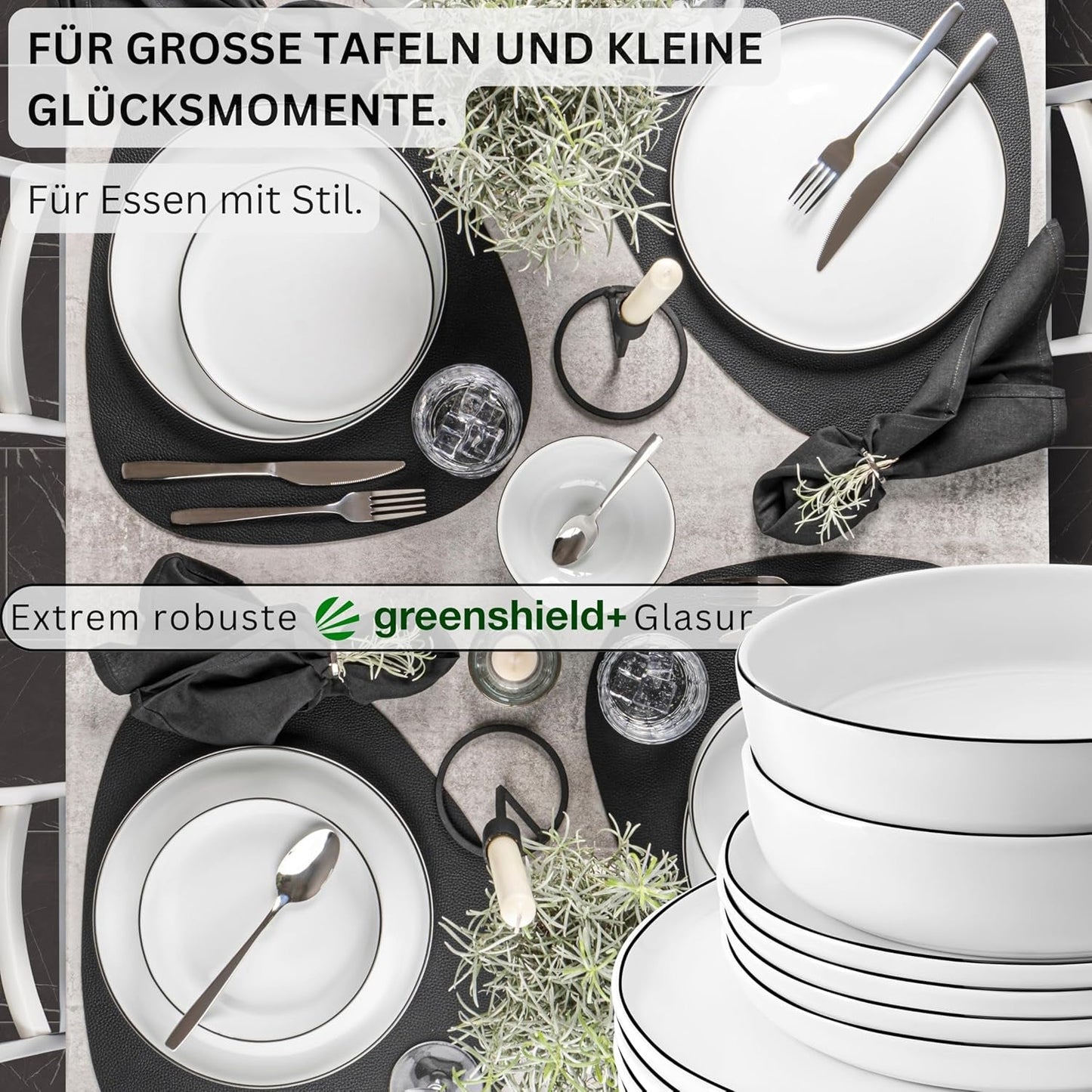 SANGER | Marlo Black and White Edge servisset, 18 delar porslinsservis set för 6, vitt med svarta accenter, mattallrikar, desserttallrikar och skålar, modern design | PREMIUM KOLLEKTIONEN