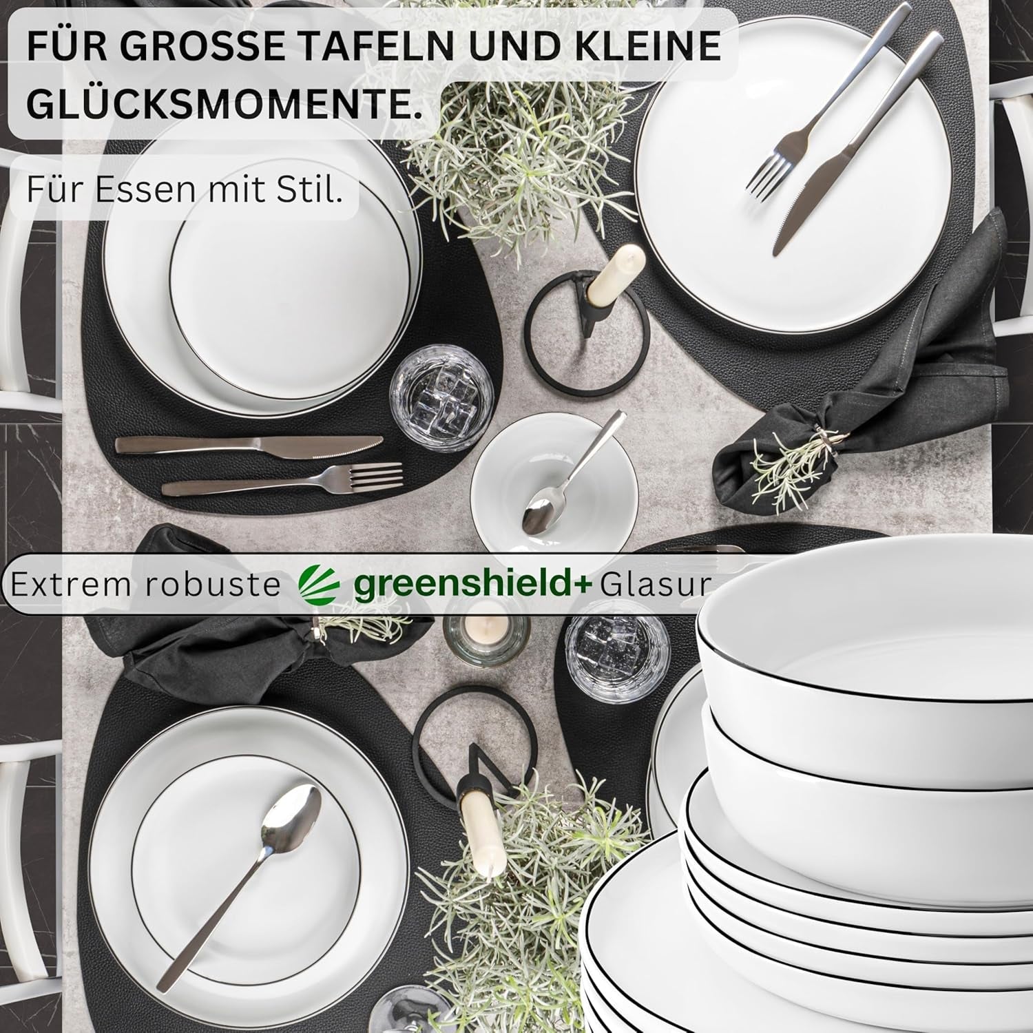 SANGER | Marlo Black and White Edge servisset, 18 delar porslinsservis set för 6, vitt med svarta accenter, mattallrikar, desserttallrikar och skålar, modern design | PREMIUM KOLLEKTIONEN