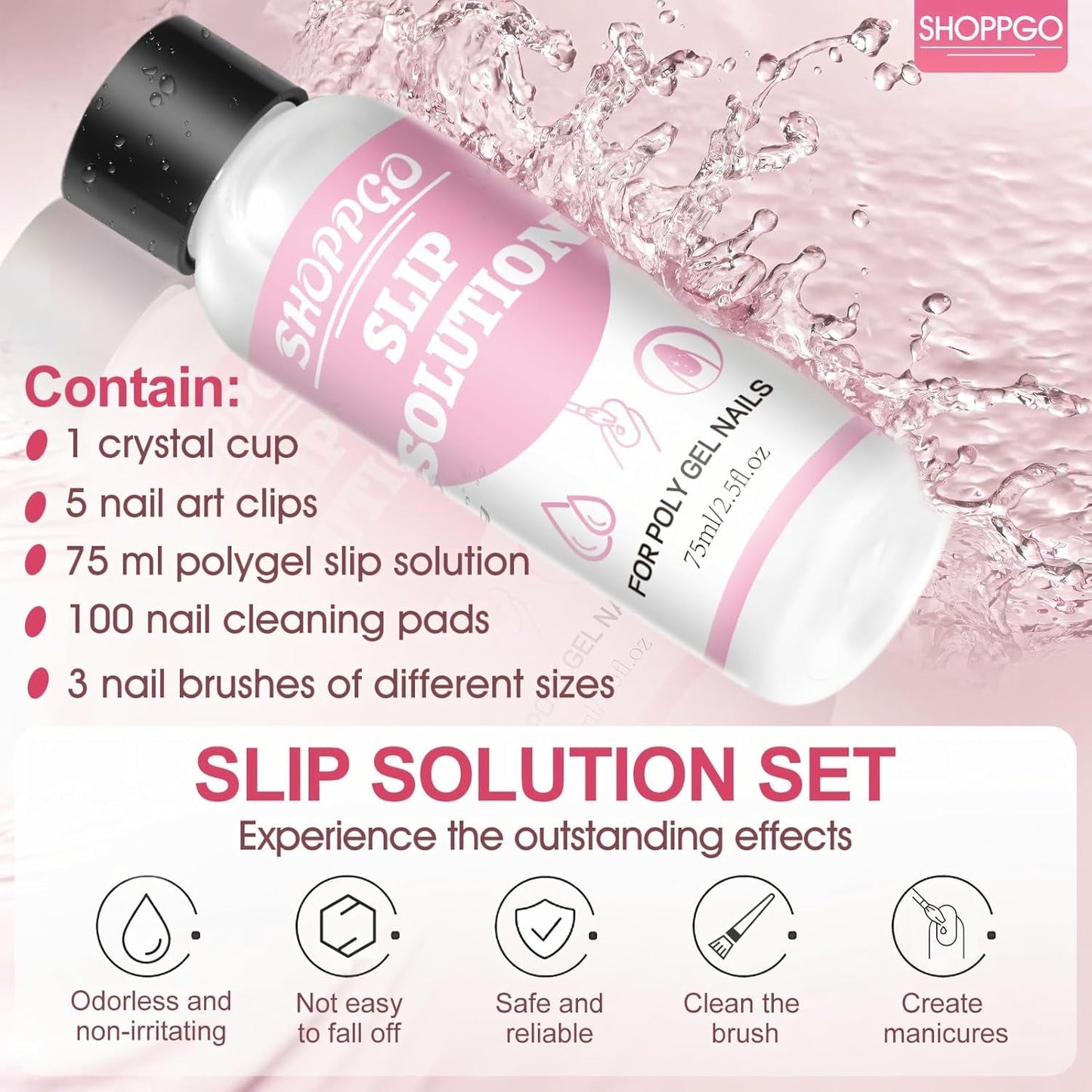 Polygel Straightening Solution, Polygel Slip Solution Nail Kit, Straightening Solution 75 ml, Innehåller 5 Nagelspetsklämmor, 3 Nagelborstar, 1 Crystal Cup, 100 rengöringsark