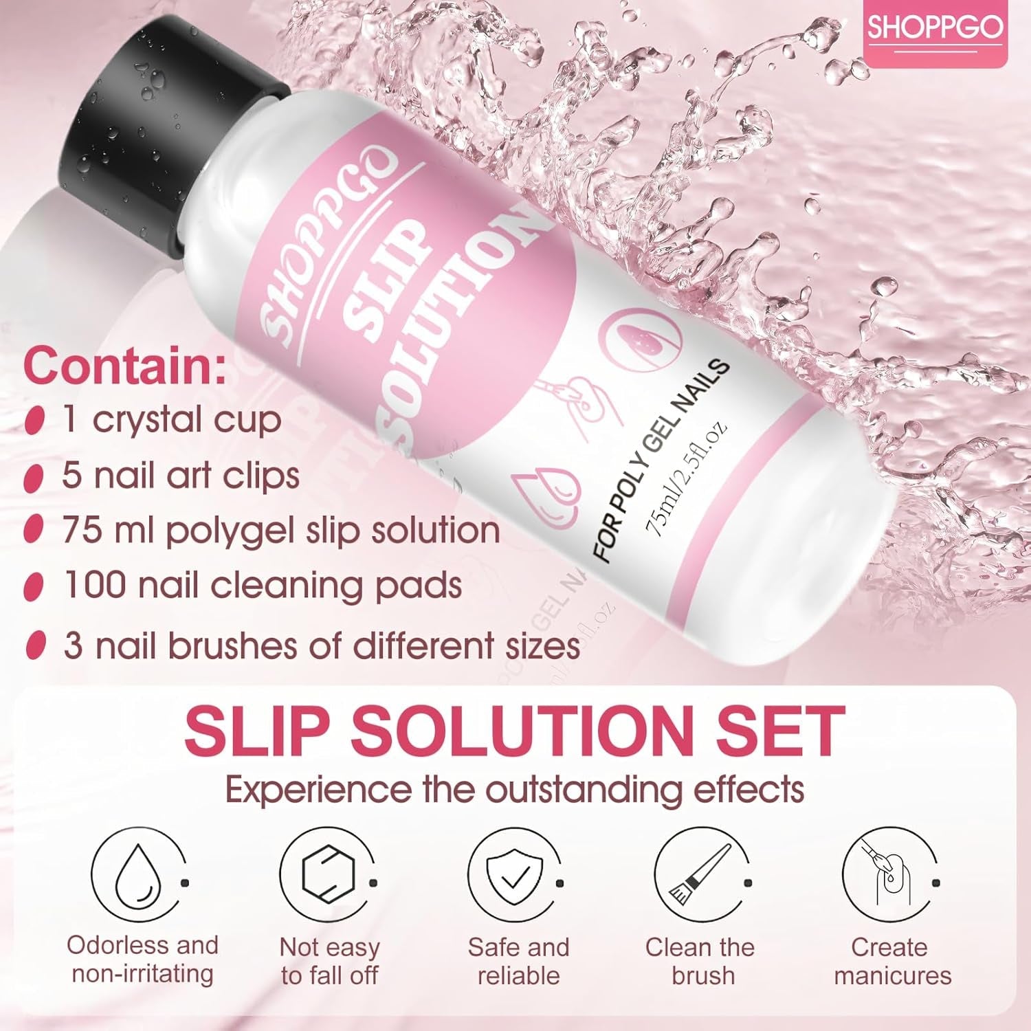 Polygel Straightening Solution, Polygel Slip Solution Nail Kit, Straightening Solution 75 ml, Innehåller 5 Nagelspetsklämmor, 3 Nagelborstar, 1 Crystal Cup, 100 rengöringsark