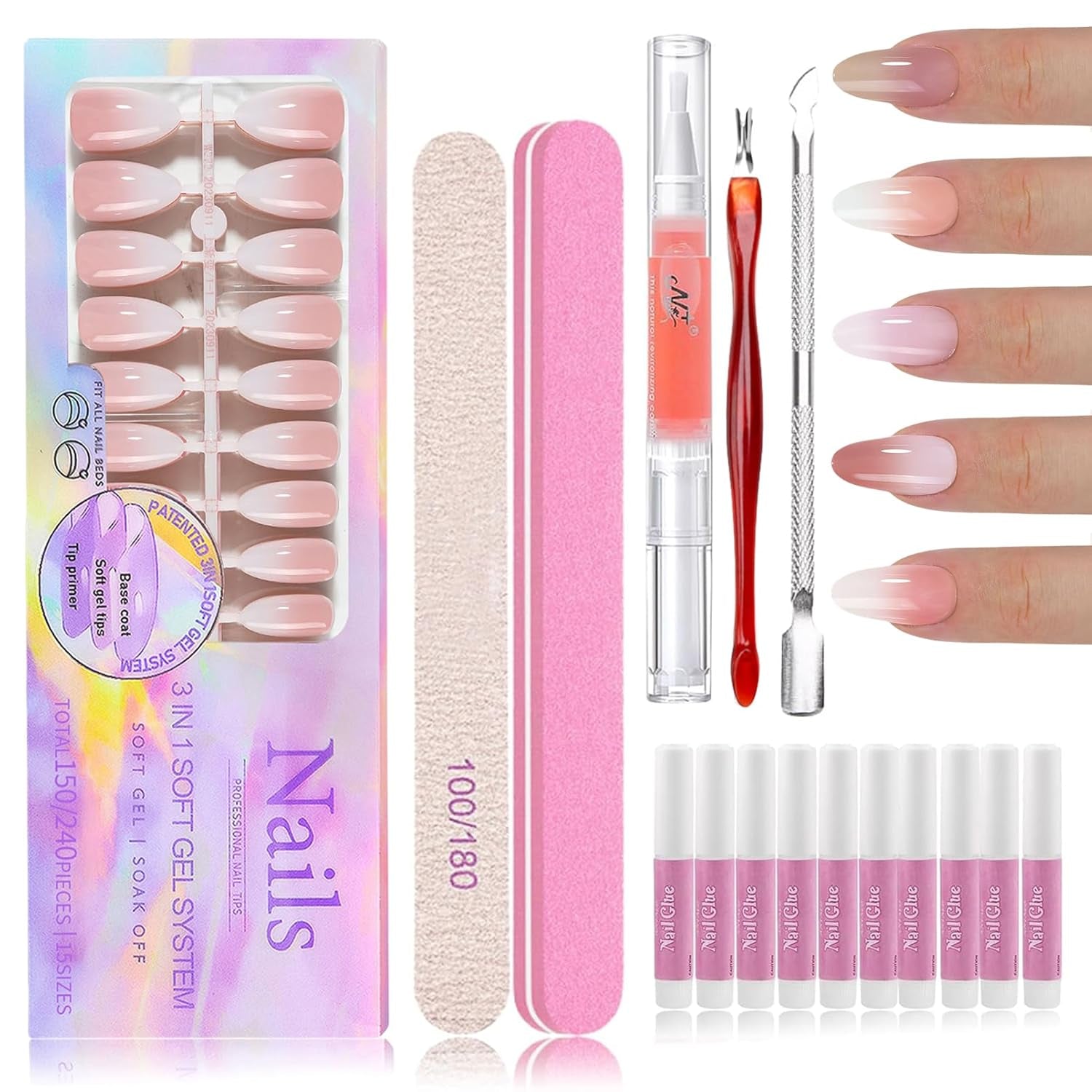 150 st Gradient False Nails Kit - 5 färger Ombre Design Självhäftande konstgjorda naglar - Heltäckande för kvinnor och tjejer - Glansiga lösnaglar för gör-det-själv-manikyr (fyrkantig)