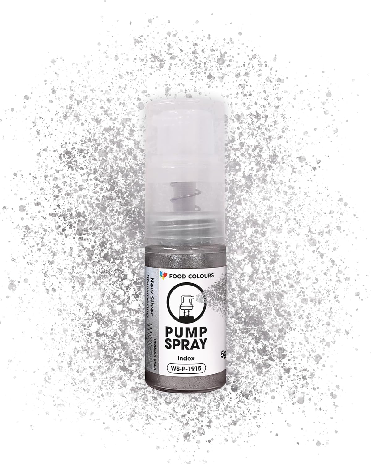 Ätbar matspray med glitter NYTT SILVER SKIMRANDE 5G pump med metallpulver för snabb och effektiv dekoration av kakor, krämer, geléer, praliner, choklad och sockerdekorationer