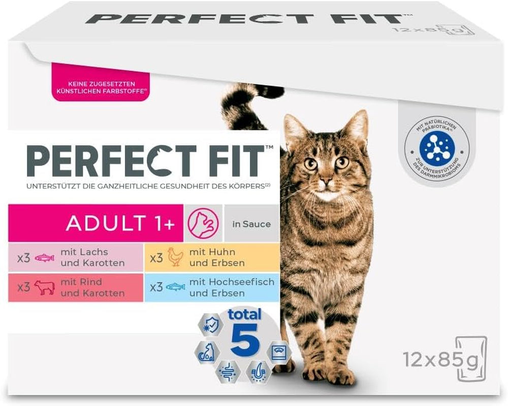 Perfect Fit Vuxen 1+ våtfoderval med lax, djuphavsfisk, nötkött och kyckling, 48 påsar, 12x85g (paket med 4) - Premium våtfoder för vuxna katter från 1 års ålder