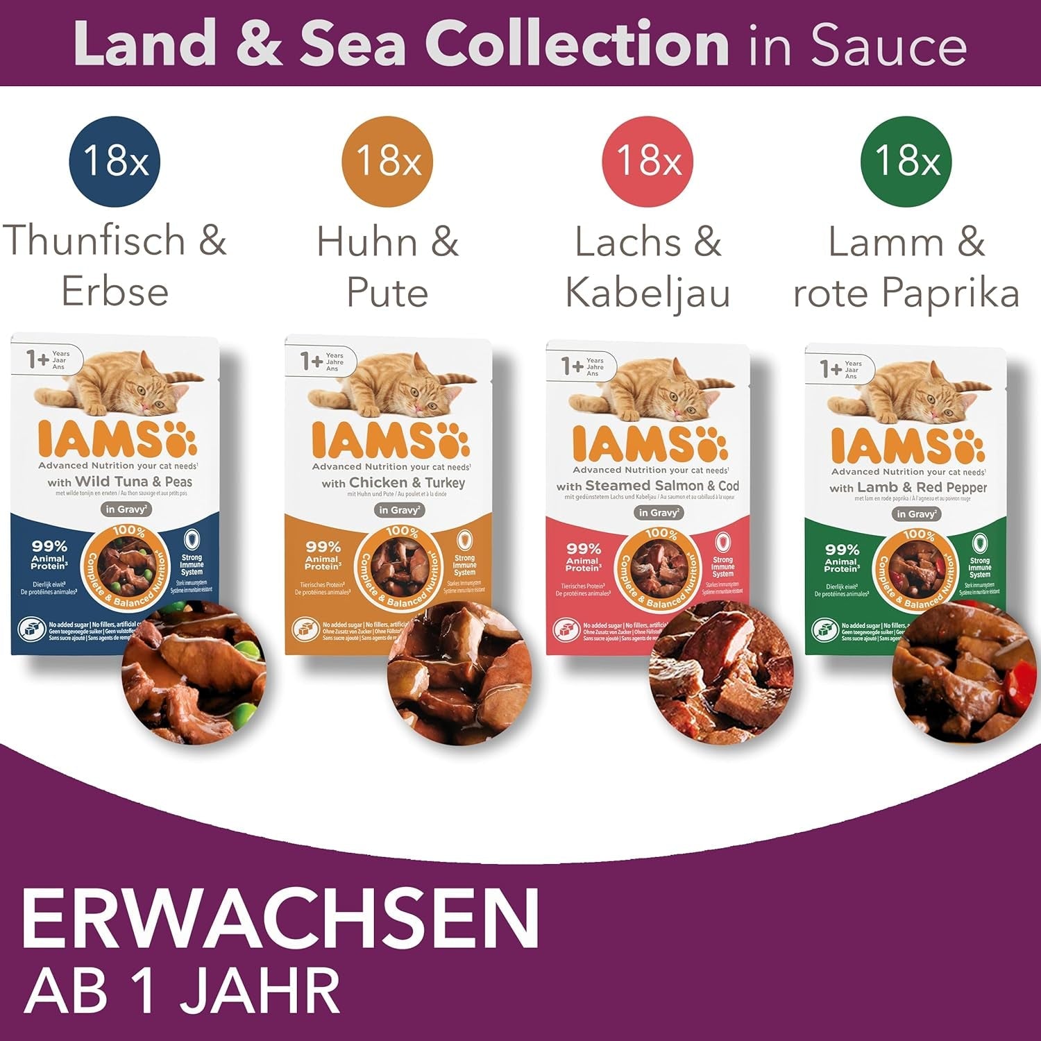 IAMS Delights Land & Sea Collection Wet Cat Food - Kött & Fisksortiment Multipack i sås, våtfoder för katter från 1 år, 72 x 85g