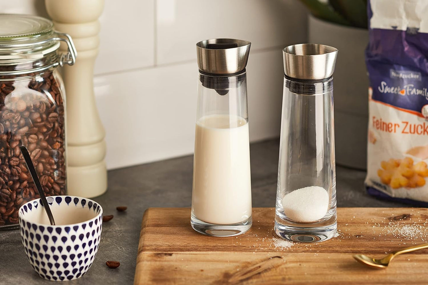 blomus -MACCHIATO- Glassocker- och krämset, kapacitet 180ml, lock i rostfritt stål, för te och kaffe, högkvalitativt utförande, exklusivt utseende (H/B/D: 17 x 5,4 x 5,4 cm, Transparent, 63510)