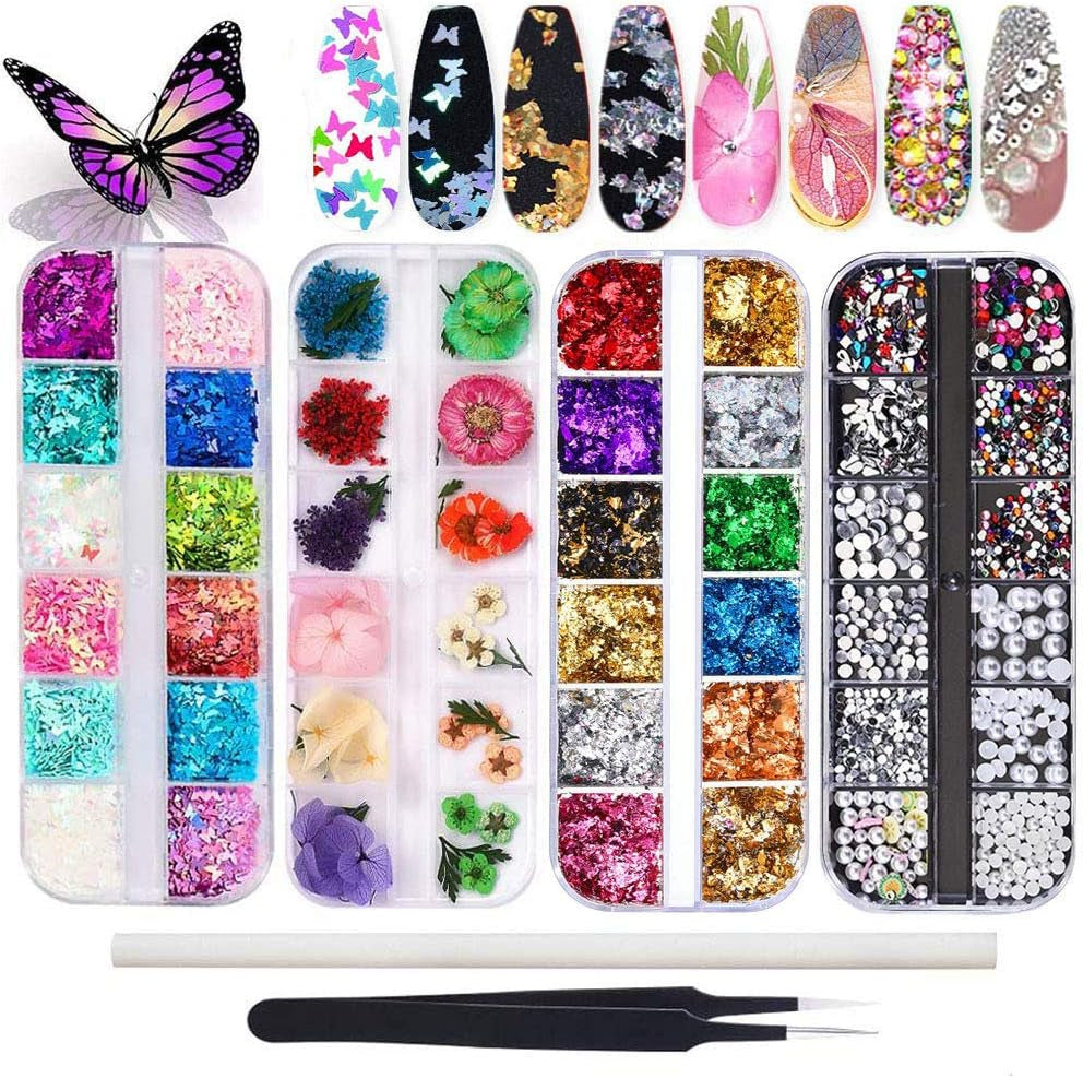 Kalolary torkade blommor för naglar Fjärils paljetter Nagellack Folie Nagelklistermärken Pincett Nagelstenar Nagel Strass Penna för 3D Nageldesign Gör-det-själv-dekorationer