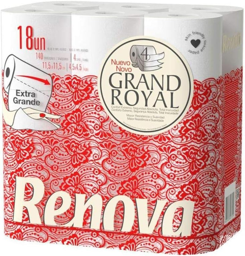 Renova Grand Royal toalettpapper, 18 Premium XXL-rullar, 4 lager, mjukt och slitstarkt