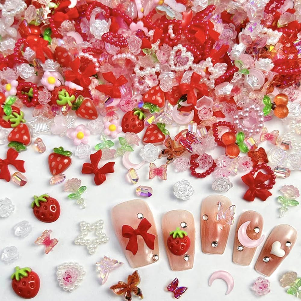 100st 3D Nail Charms Rosa Rot Kirsche Erdbeere Blume Nagel Charms Kamelie Rose Schmetterling Nail Art Charms Flatback Herz Schleife Charms Nägel Zubehör Mond Stern Nagelschmuck Nageldesign Anhänger