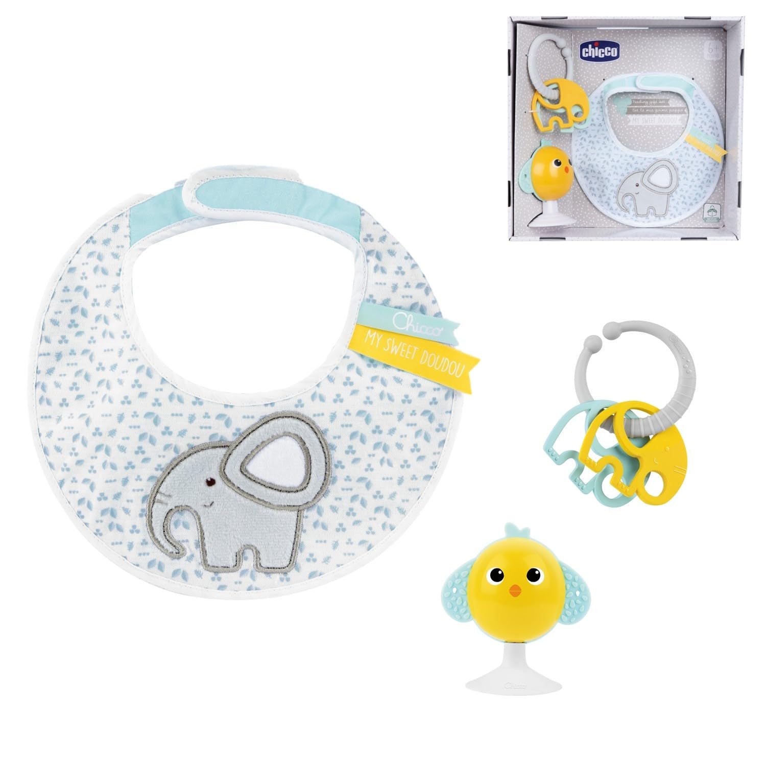 Chicco, My Sweet Doudou Baby presentset, mjukt DouDou filt, velournapp, präglad elefantbitring, presentidéer för nyfödda från 0 månader