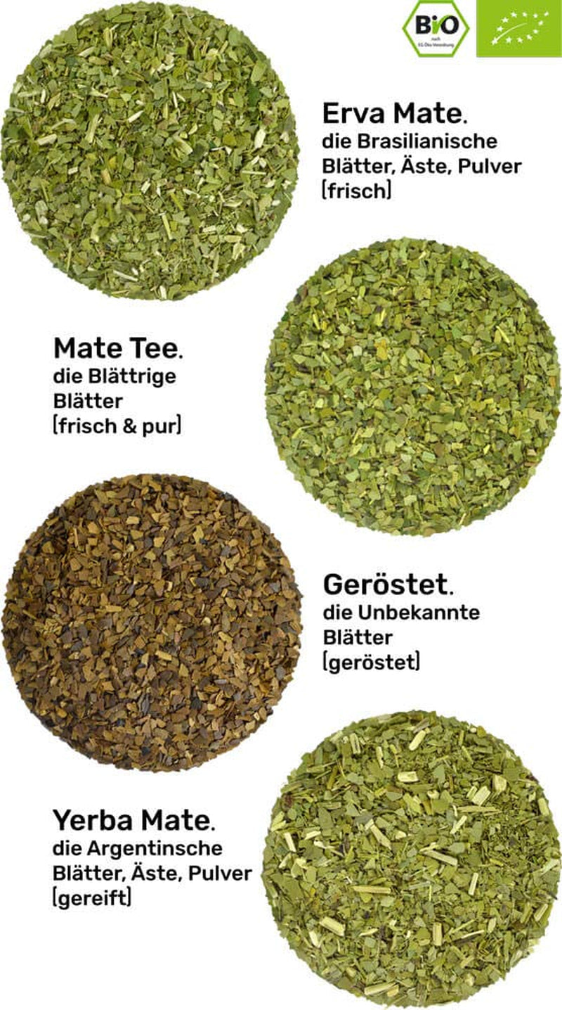 Mate teprovningsset ● 4 sorters ekologiskt Mate-te ● 100 g vardera Erva Mate + Yerba Mate + Green Mate-te + Rostat Mate-te