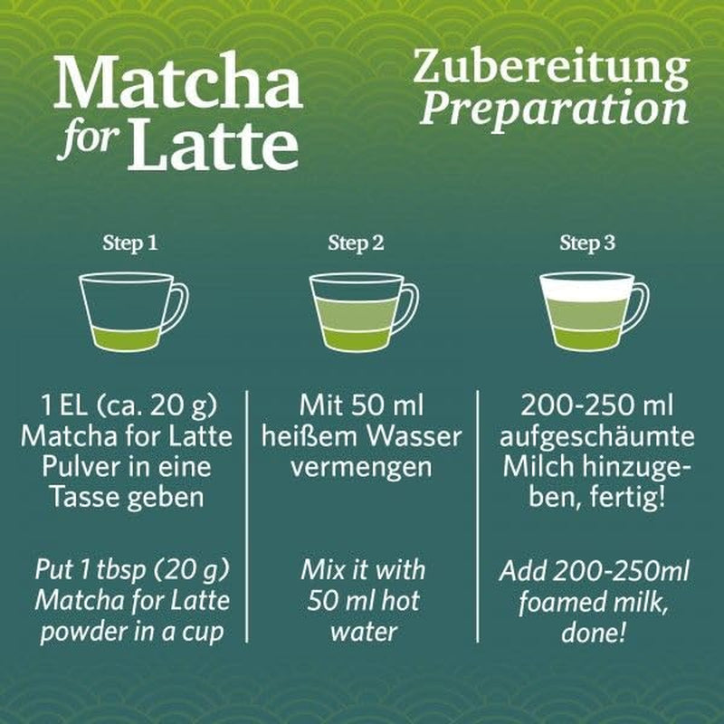 Matcha för latte Grönt teblandning med rörsocker, 400g, vegansk, för 20 portioner