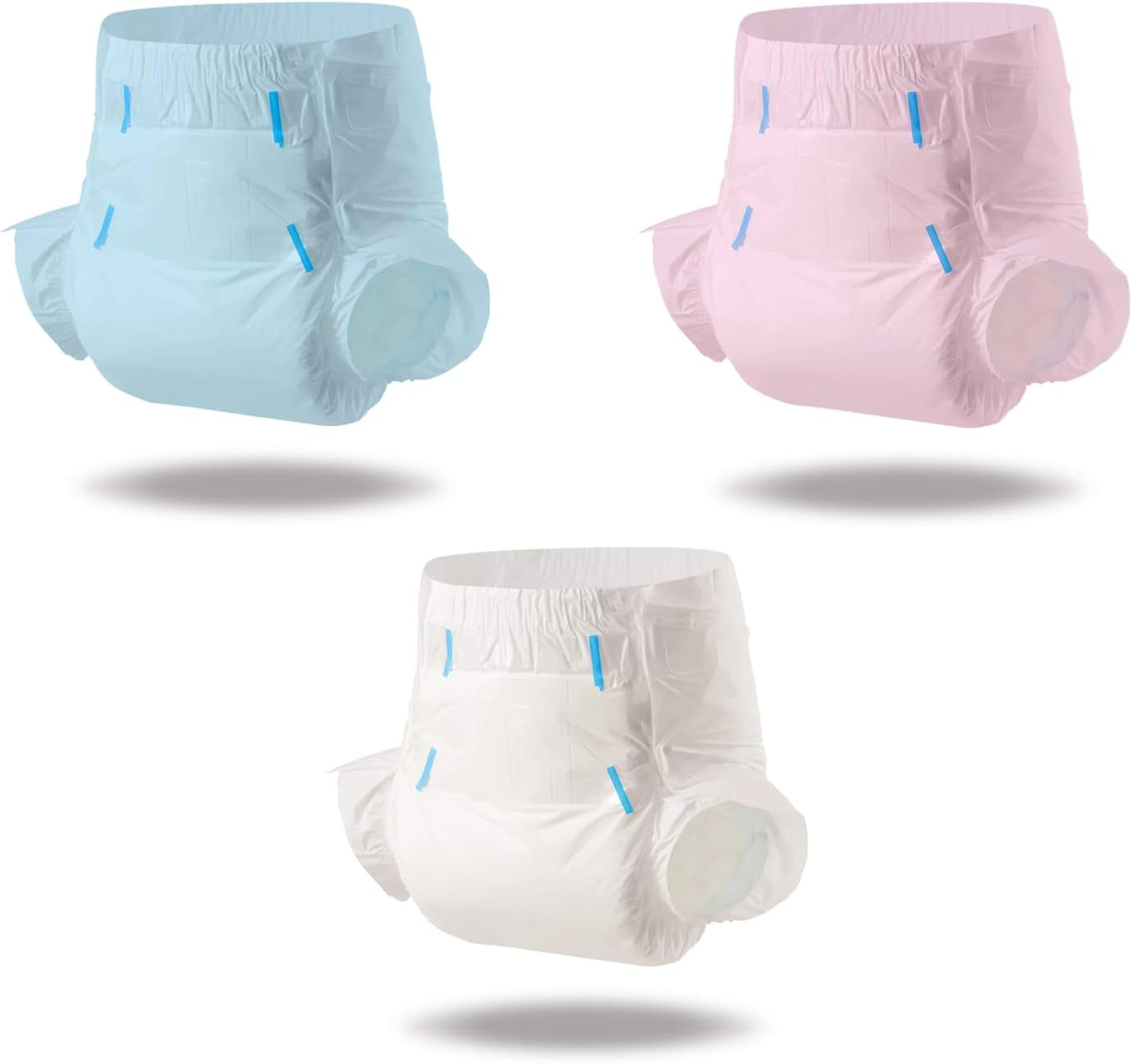 CutiePlusU vuxenblöjor, torr yta, maximal absorptionsförmåga över natten, inkontinensblöja för engångsbruk - blå, rosa, vit, 3-pack (medium 71-96 cm)