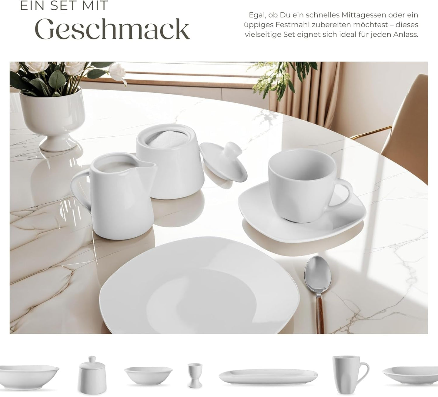 tectake® 12-personers servisset, 100-delat porslinsservis, inklusive 12 tallrikar, 12 desserttallrikar, 12 middagstallrikar, 12 koppar, 12 spannmålsskålar, salladsskål, mjölkkanna, sockerskål