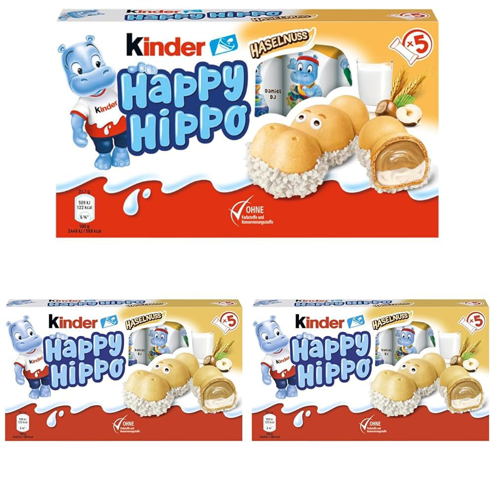 Kinder Happy Hippo Hasselnöt - Specialknäckiga rån med mjölk och hasselnötskräm - Karneval och Mardi Gras sötsaker - 1 förpackning innehållande 5 individuella barer på 20,7 g vardera