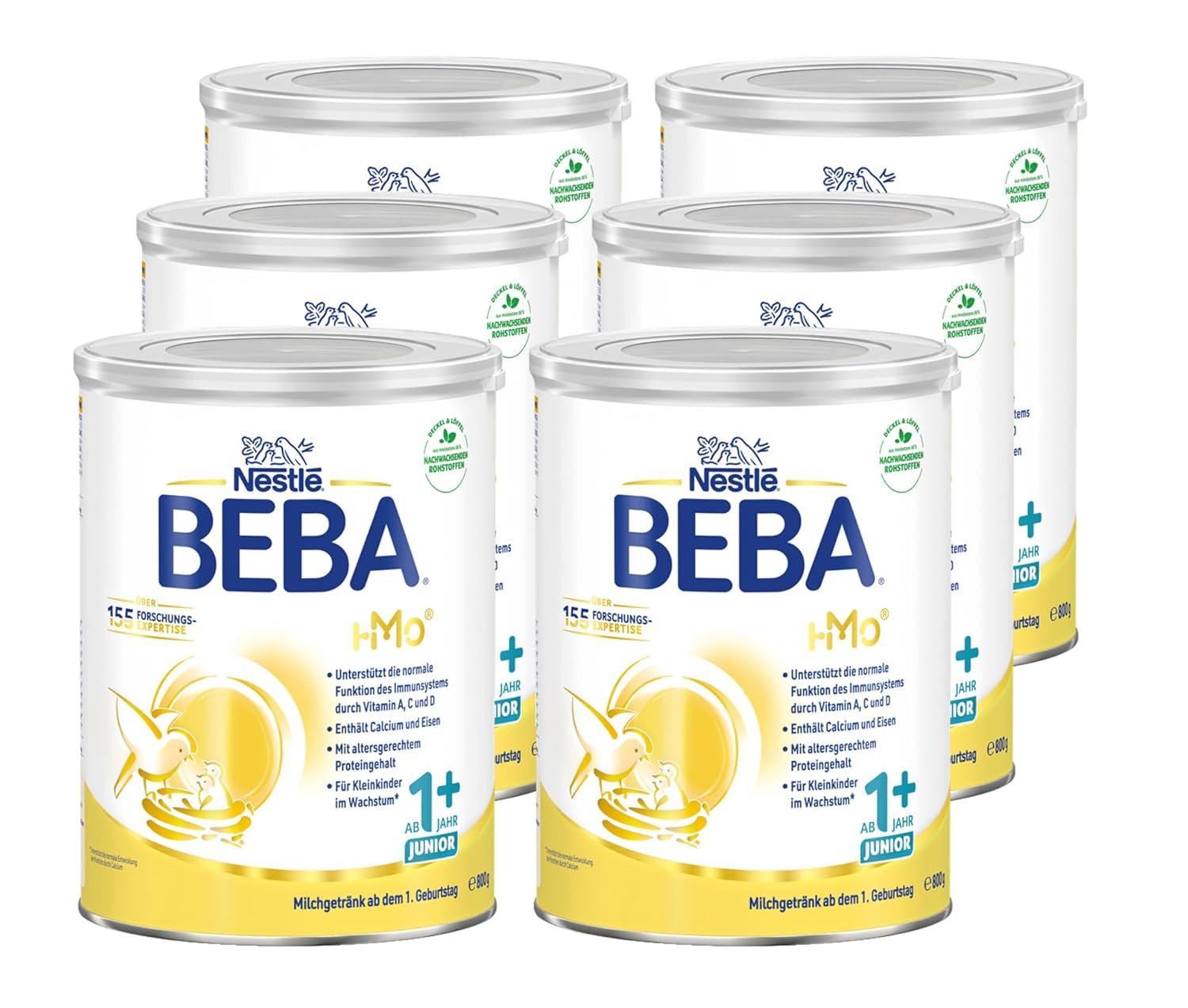 BEBA Junior 1+ mjölkdryck från 1 år, med HMO, åldersanpassat proteininnehåll, endast laktos, ingen palmolja, ingen fiskolja, småbarnsmat, babymjölkspulver, 6 st (6 x 800 g)