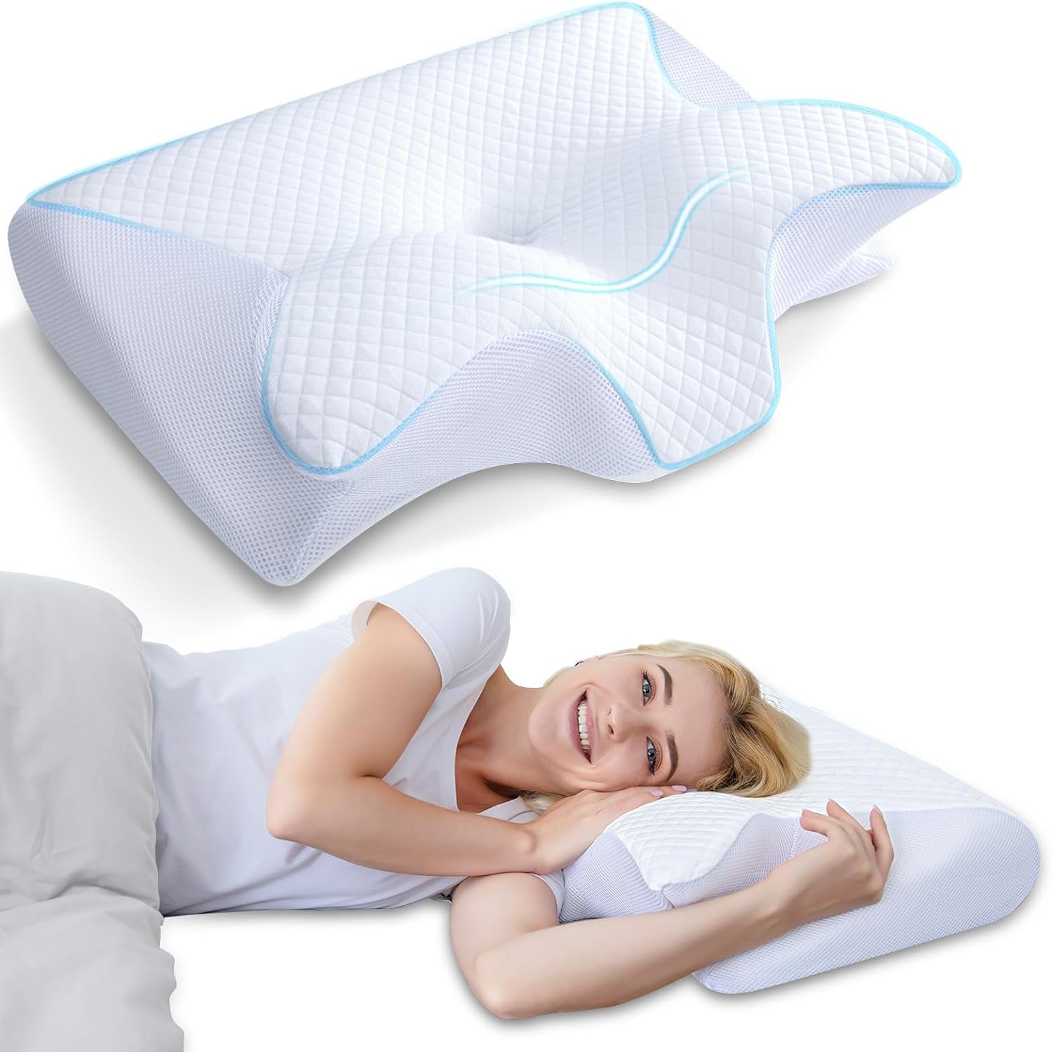 HOMCA nackkudde Ortopedisk kudde 2 i 1 Memory Foam Nackstödskudde Ergonomisk huvudkudde för rygg-, sido- och buksmärtor, 60 X 13/11 X 40 cm Cervikala ortopediska kuddar Naty Shop White