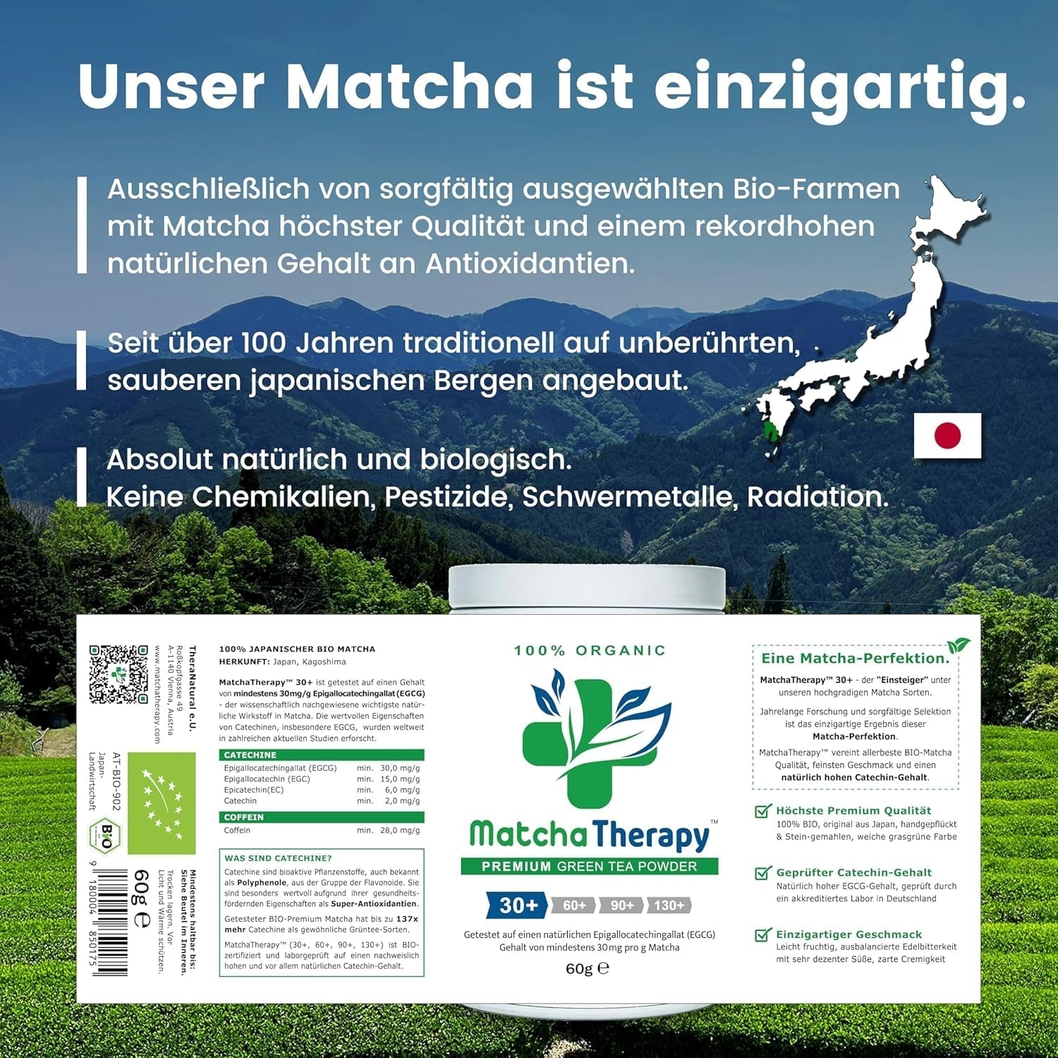 Matchaterapi 30+ | Ekologiskt Matcha-tepulver | 60 g | Med ett verifierat innehåll på minst 30 mg/g katekin EGCG | Stödjer immunförsvaret och energinivåer | Ceremoniell kvalitet | Grönt te från Japan