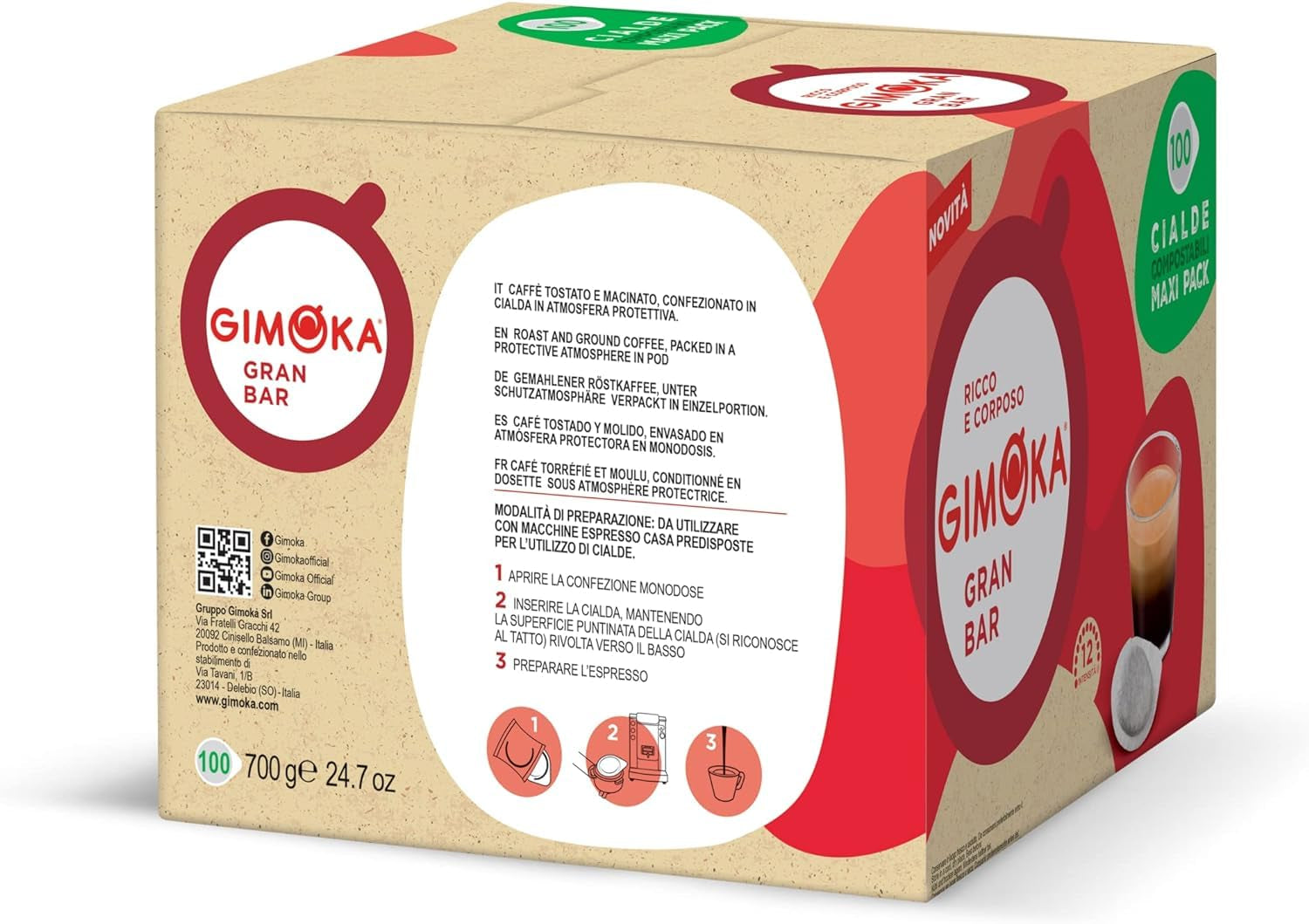 Gimoka Kompostierbare Kaffeepads, Gran Bar Intenso Kaffeemischung, Intensität 12-100 Pads - Kompatibel med ESE System Papier Pads 44 mm