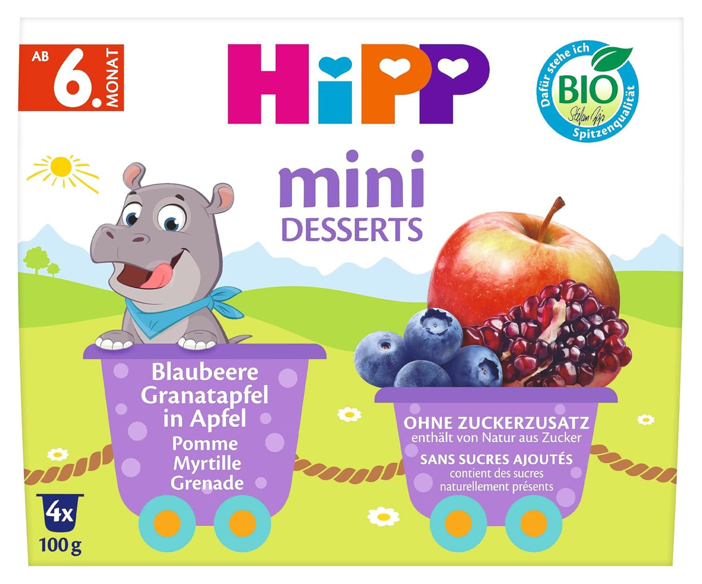 HiPP Organic Mini Dessert med blåbär och granatäpple i äppelsmak (förpackning om 6 x 4 x 100g), från 6 månader, i praktiska koppar, utan tillsatt socker, bästa ekologiska kvalitet