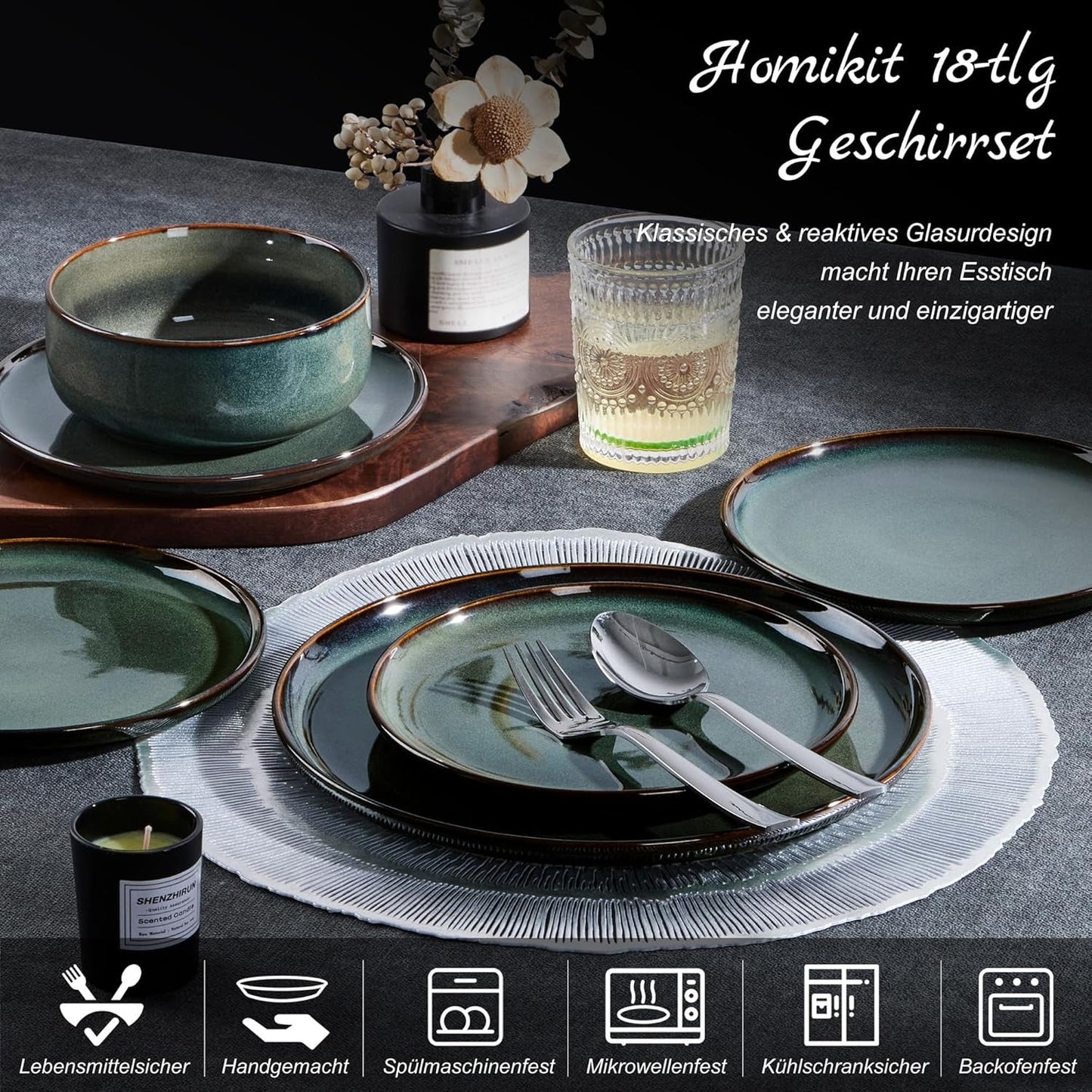 Homikit Geschirrset 6 Personen, 18-tlg Steinzeug Geschirr Set, Reaktive Glasur Tafelservice mit Speiseteller Dessertteller Müslischüsseln, Mikrowellen- och Spülmaschinenfest, Kieferrauchgrün