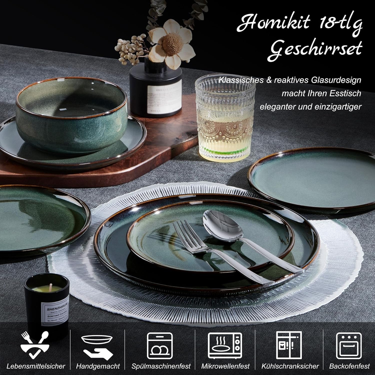 Homikit Geschirrset 6 Personen, 18-tlg Steinzeug Geschirr Set, Reaktive Glasur Tafelservice mit Speiseteller Dessertteller Müslischüsseln, Mikrowellen- och Spülmaschinenfest, Kieferrauchgrün