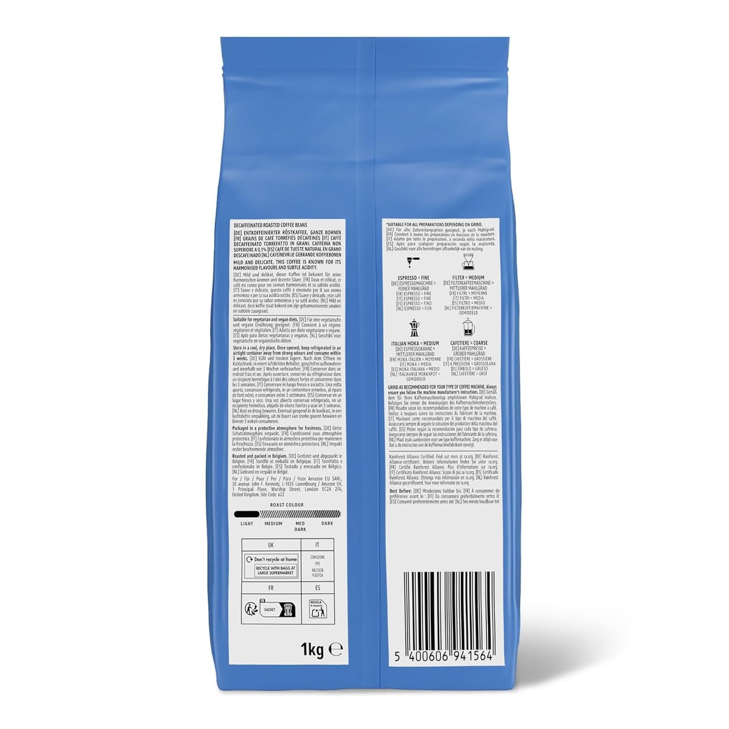 av Amazon Kaffeebohnen, entkoffeiniert, Lichte Röstung, 2 kg (2 Packungen med 1 kg), Rainforest Alliance zertifiziert