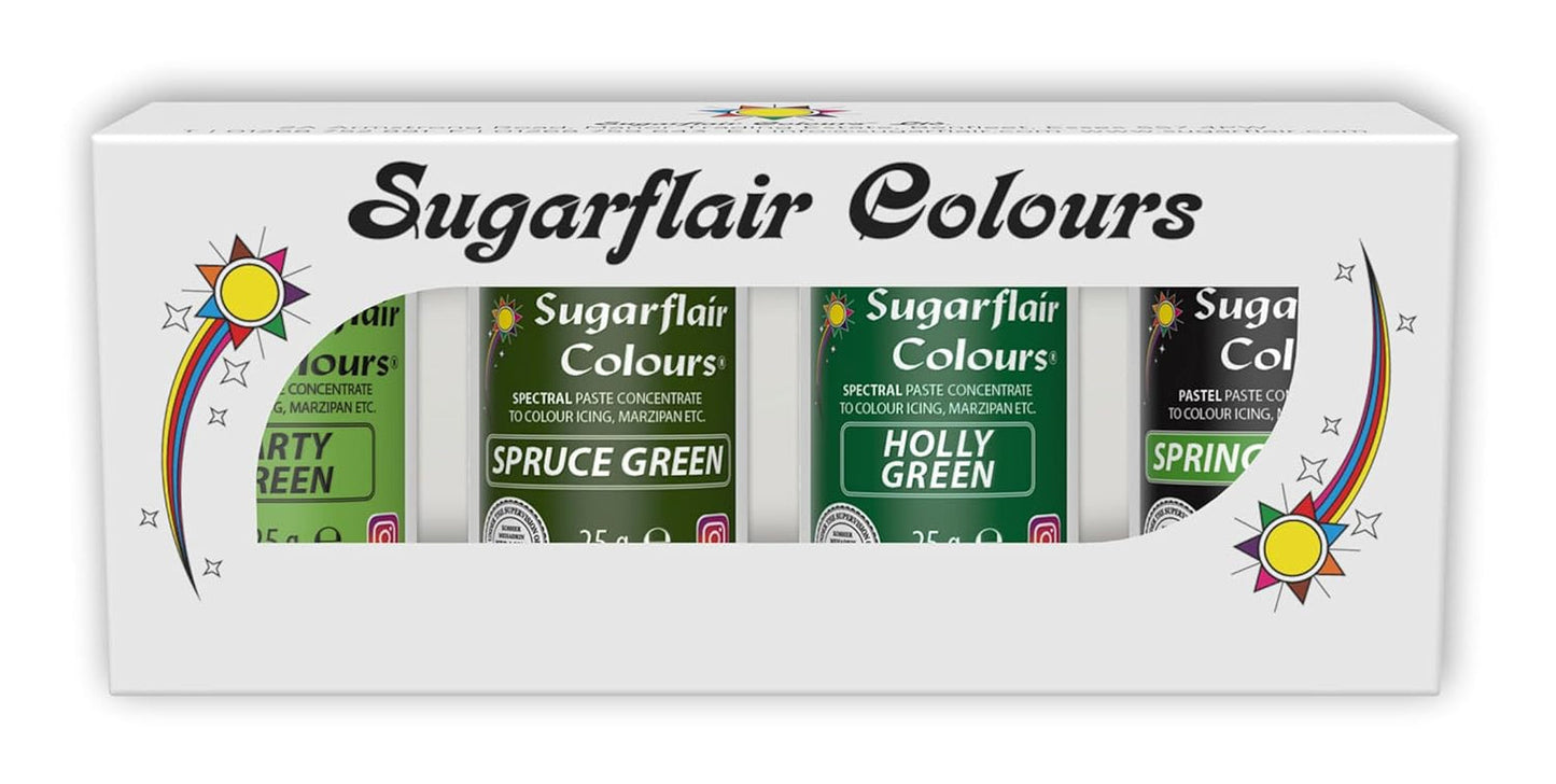 Sugarflair Pasta matfärg, grön, set med 4, matfärg för pasta, fondant, marsipan, sockerpasta, smörkräm och mer: Ilex Green, Spring Green, Spruce Green, Party Green - Set om 4
