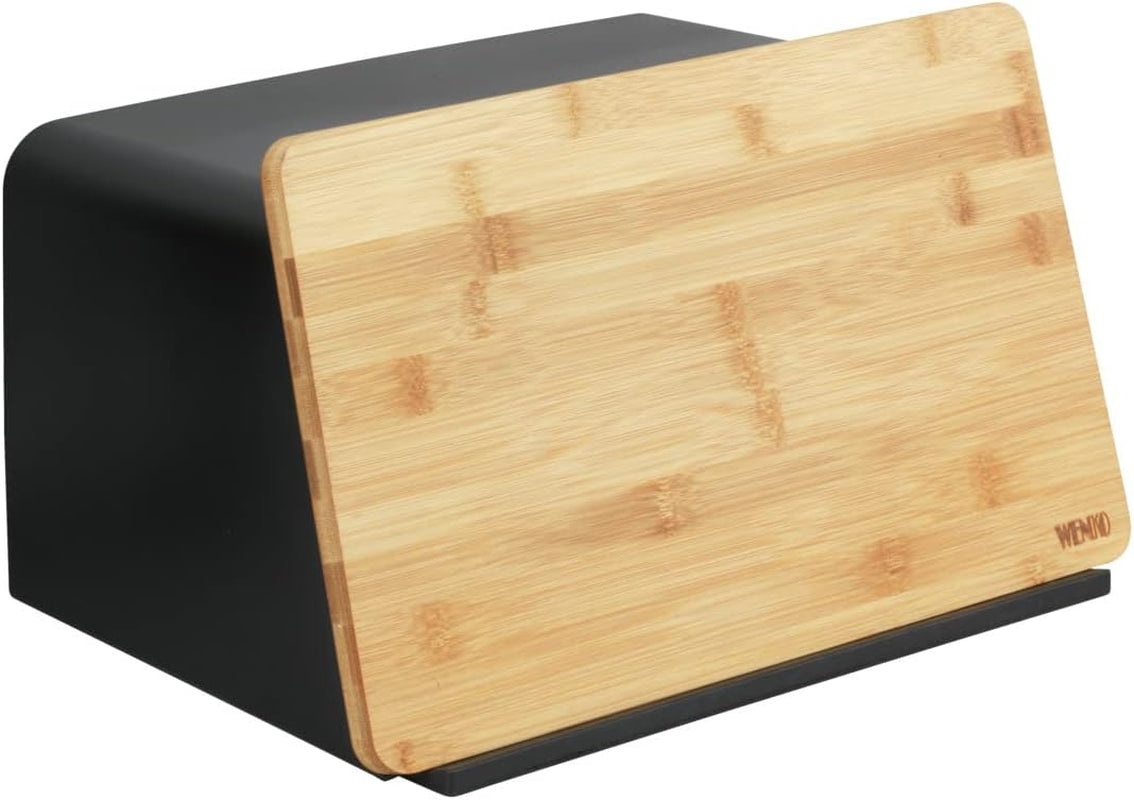 WENKO Kubo brödkorg med bambubräda, mångsidig brödförvaring med lock och integrerad bambuskärbräda, matförvaringslåda, hållbar brödförvaring, 35 x 20,5 x 26 cm, svart/naturlig Naty Shop matförvaringslådor svart/brun