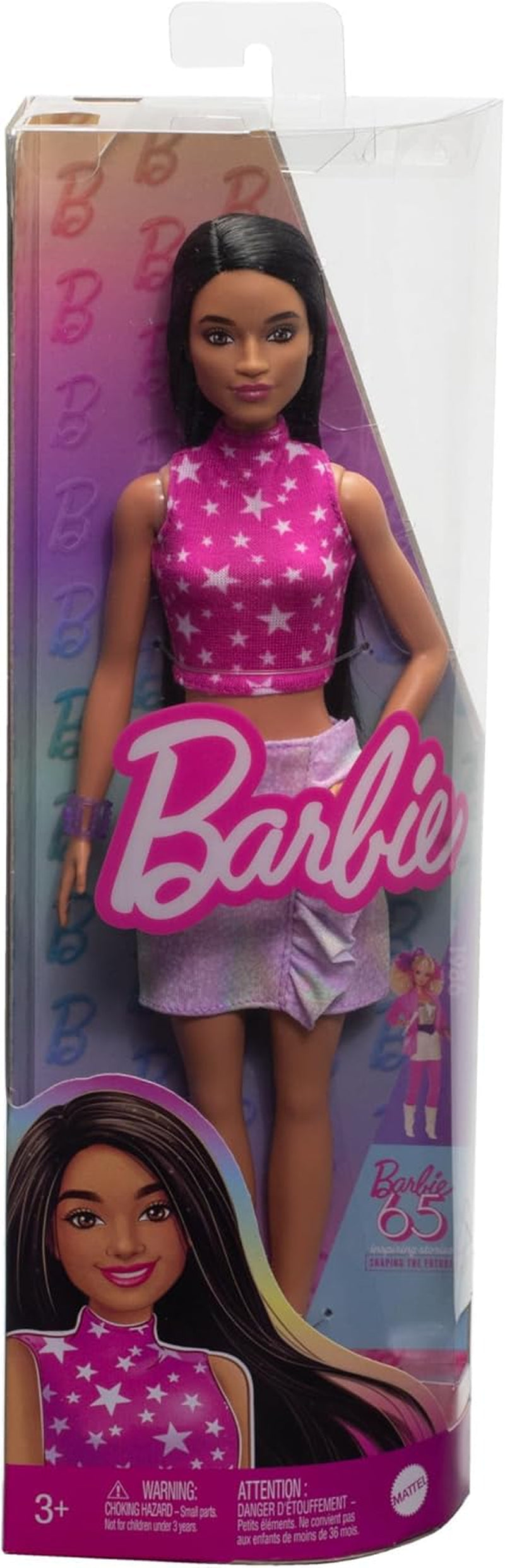 Barbie Fashionistas docka nr. 215 med rakt svart hår rosa stjärnmönster topp och skimrande kjol 65-årsdag samlarobjekt modedocka HRH13 Naty Shop Dolls