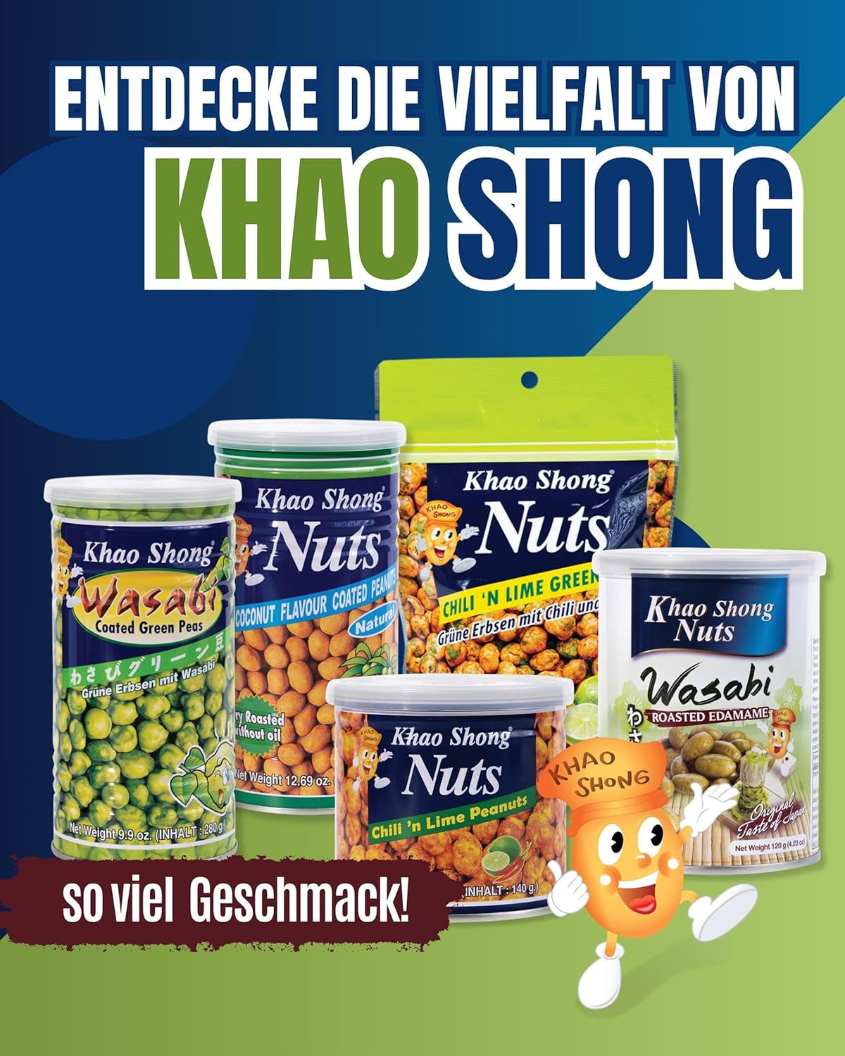 Khao Shong Friterade gröna ärtor med wasabi, krispiga ärtor i en kryddig smet, ett fettsnålt alternativ till nötter, medelkryddigt, 1 140g burk | 140 g (1 förpackning)