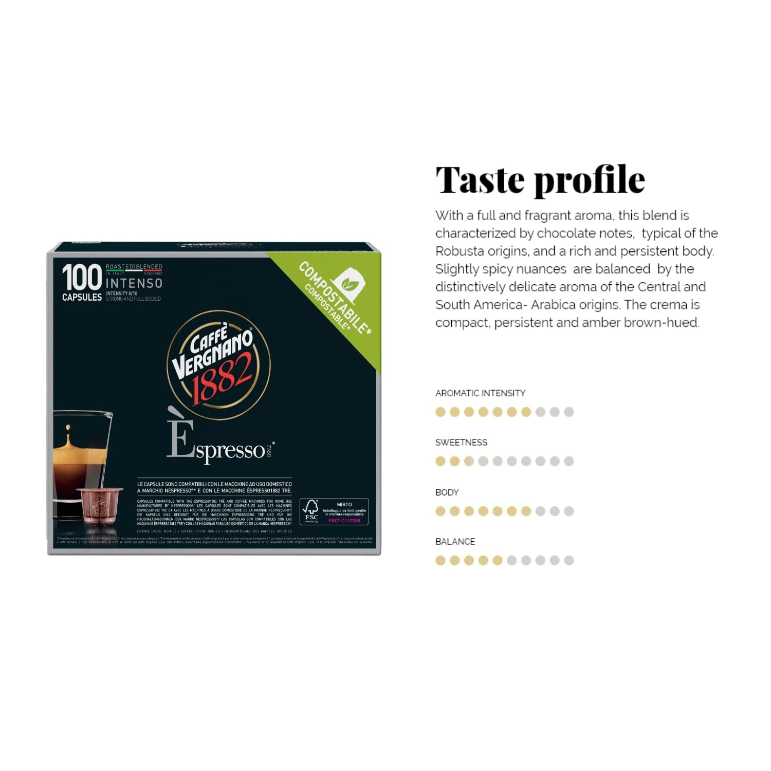 Caffè Vergnano 1882 - Èspresso Kompostierbare Kaffeekapseln , kompatibel med Nespresso, Intenso (Intenso) - Packung Enthält 100 Kapseln