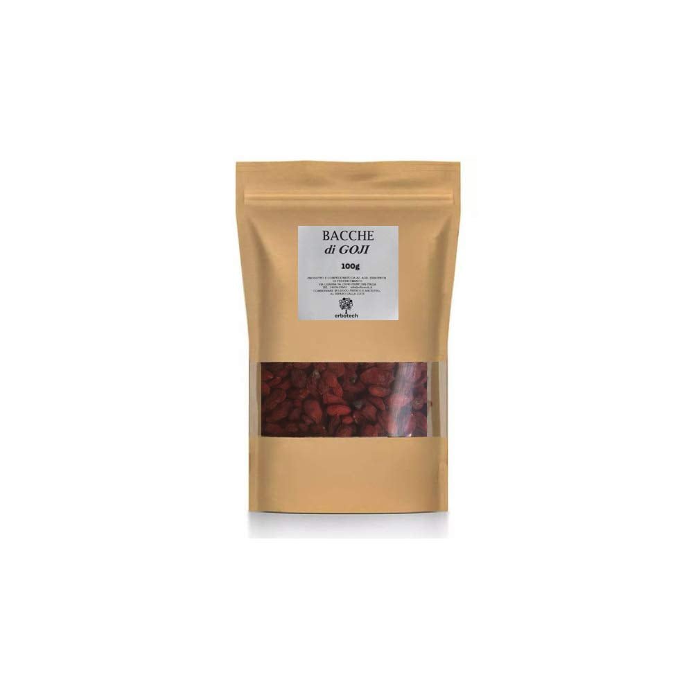 ERBOTECH Gojibär 200 g, gojibär med högt vitamininnehåll, torkad frukt utan socker och svavel, naturlig och energirik supermat, Tillverkad i Italien Dehydrerade produkter Naty Shop 100 G