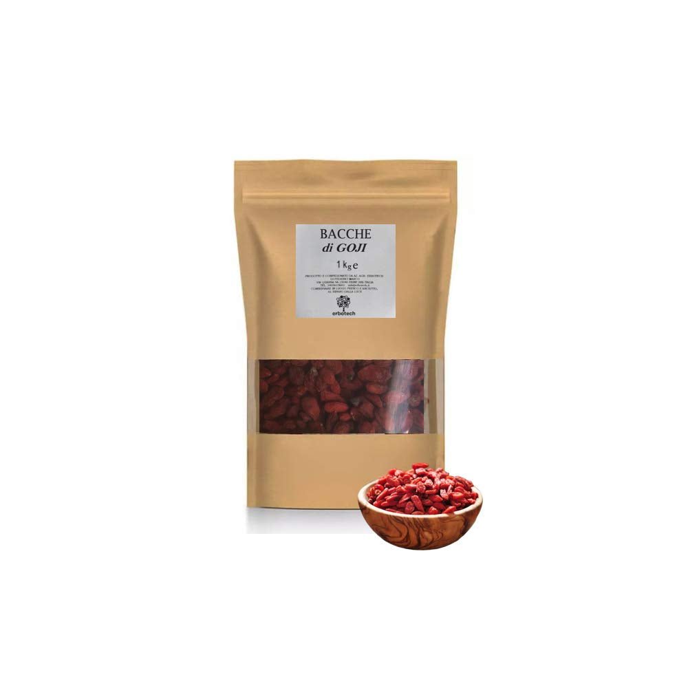 ERBOTECH Gojibär 200 g, gojibär med högt vitamininnehåll, torkad frukt utan socker och svavel, naturlig superfood och rik på energi, Tillverkad i Italien Uttorkade produkter Naty Shop 1 kg
