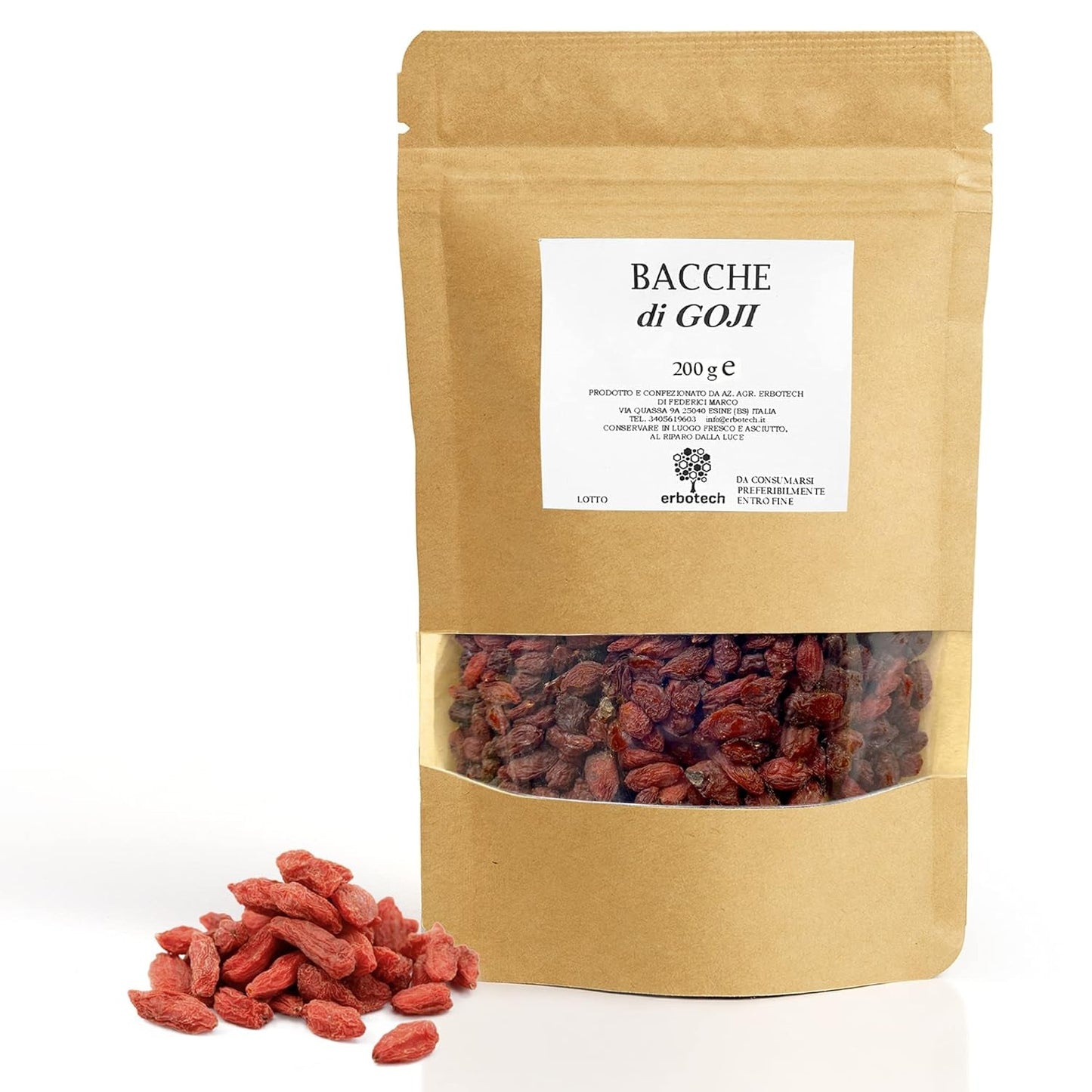ERBOTECH Gojibär 200 g, gojibär med högt vitamininnehåll, torkad frukt utan socker och svavel, naturlig och energirik superfood, Tillverkad i Italien Dehydrerade produkter Naty Shop 200 G