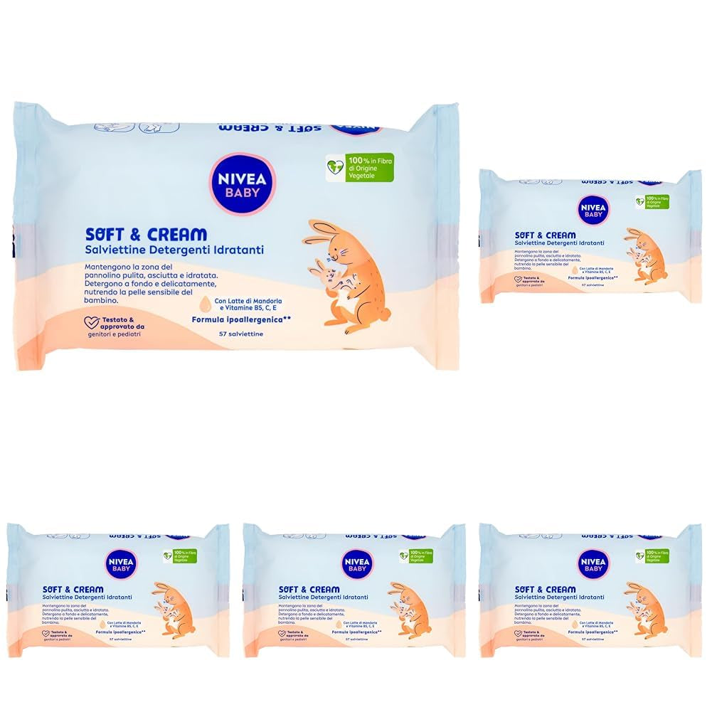NIVEA Baby Moisturizing Cleansing Wipes Soft & Cream, 57 delar, för ren, torr och återfuktad hud, babyservetter med mandelmjölk och vitamin B5, C och E