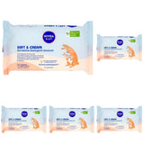 NIVEA Baby Moisturizing Cleansing Wipes Soft & Cream, 57 delar, för ren, torr och återfuktad hud, babyservetter med mandelmjölk och vitamin B5, C och E