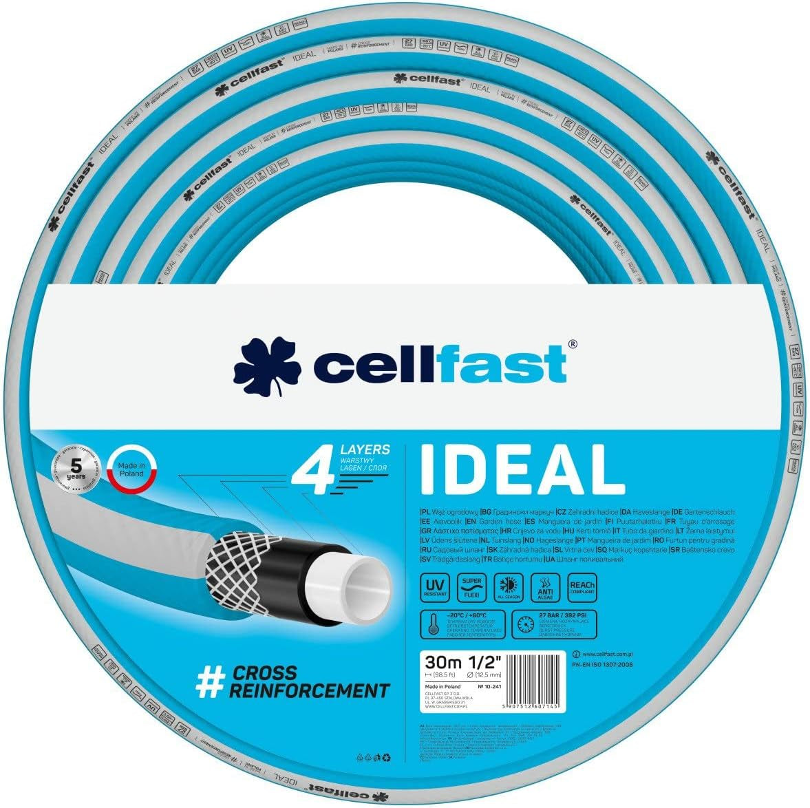 Trädgårdsslang Cellfast IDEAL, Slitstark, Flexibel, 4 lager, Slitstark korsfläta, UV- och algbeständig, REACH-teknik, 27 bar, -20/+60° kortsiktig 1/2", 30m