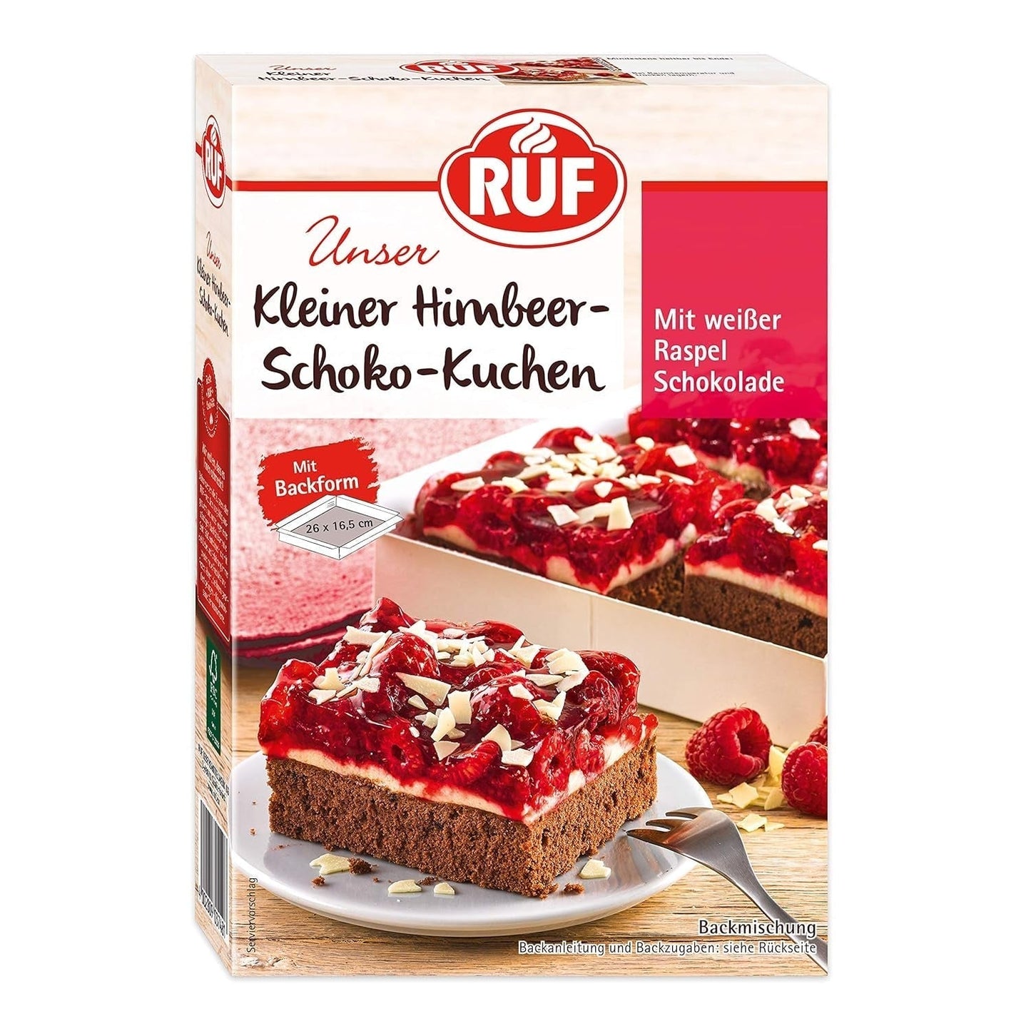 RUF Kleiner Himbeer-Schokokuchen, Mini-Kuchen Mit Feiner Puddingcreme, Himbeeren Und Weißen Schokoraspeln, Inkl. Bakform, 1X252G Blandning för bakning och matlagning Naty Shop 252 G (1Er Pack) Himbeere