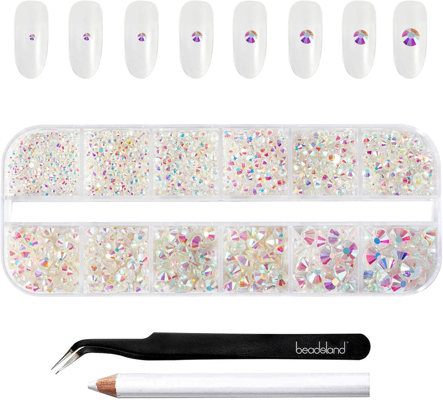 Beadsland 2500st Glas Nailart Strasssteine ​​​​Kristall Flatback Edelsteine ​​​​Runde, ​​Für Handwerk Gemischt 8 Größen SS4 ~ SS30 Mit Picking Pinzette Und Stift (Kristall Weiss)